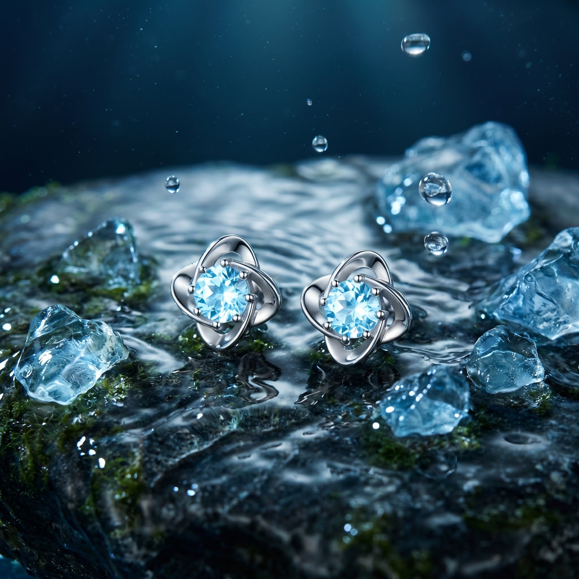 Pair of round cut aquamarine platinum stud earrings displayed on a dark wet stone with ice and water droplets.