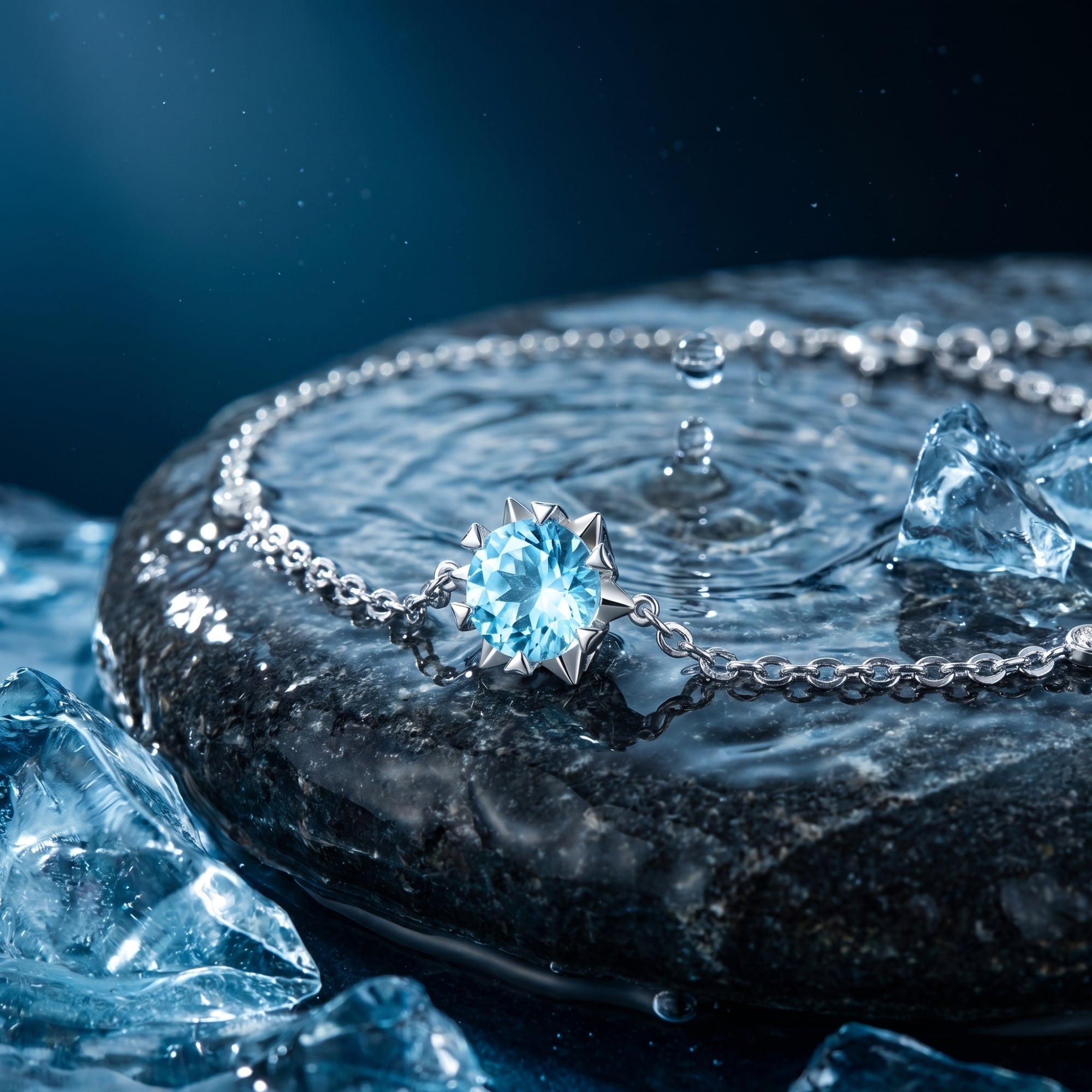 Macro view of a round natural aquamarine in a star-shaped platinum setting on a station bracelet.
