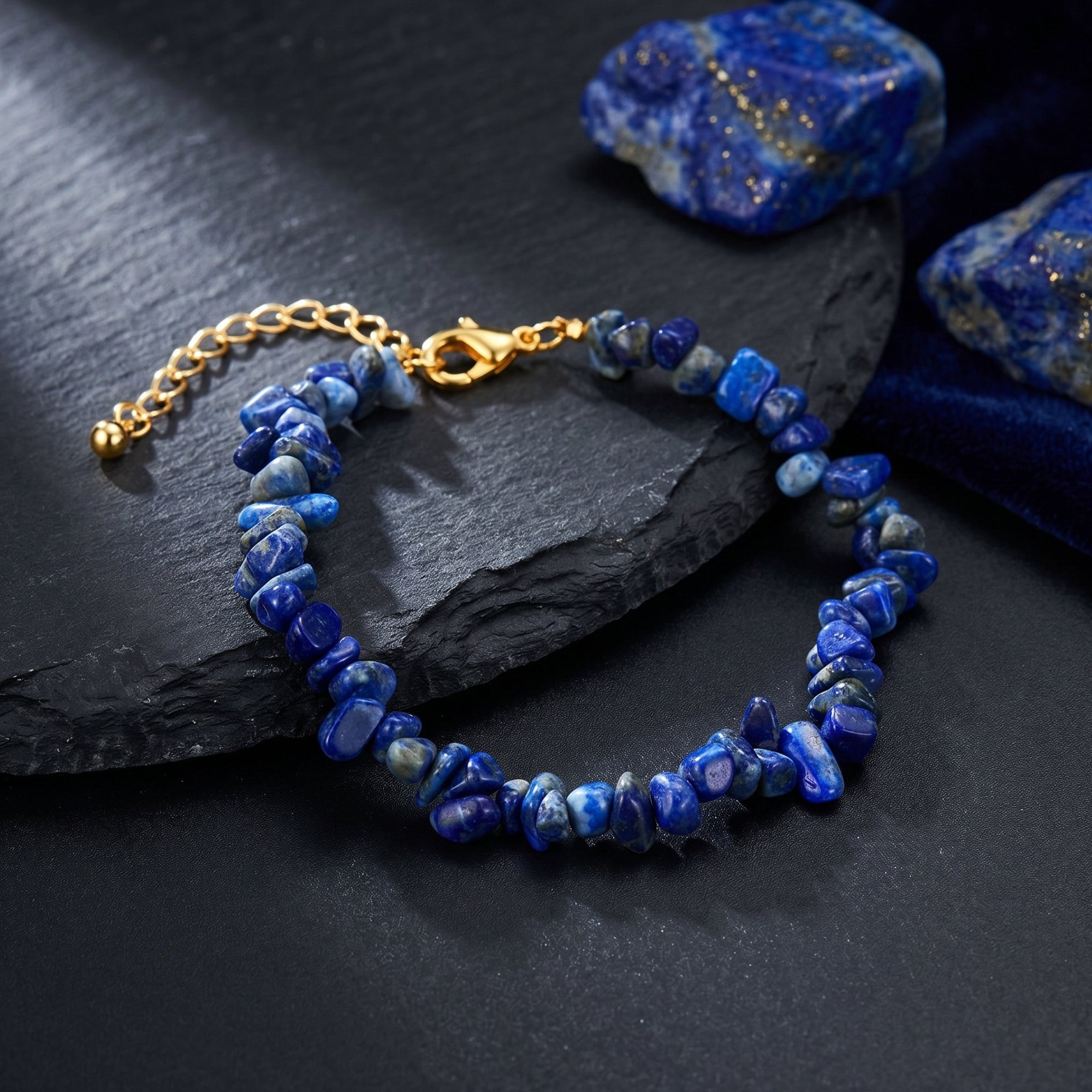 Irregular lapis lazuli bead bracelet with 18k gold plated lobster clasp on a textured stone surface.