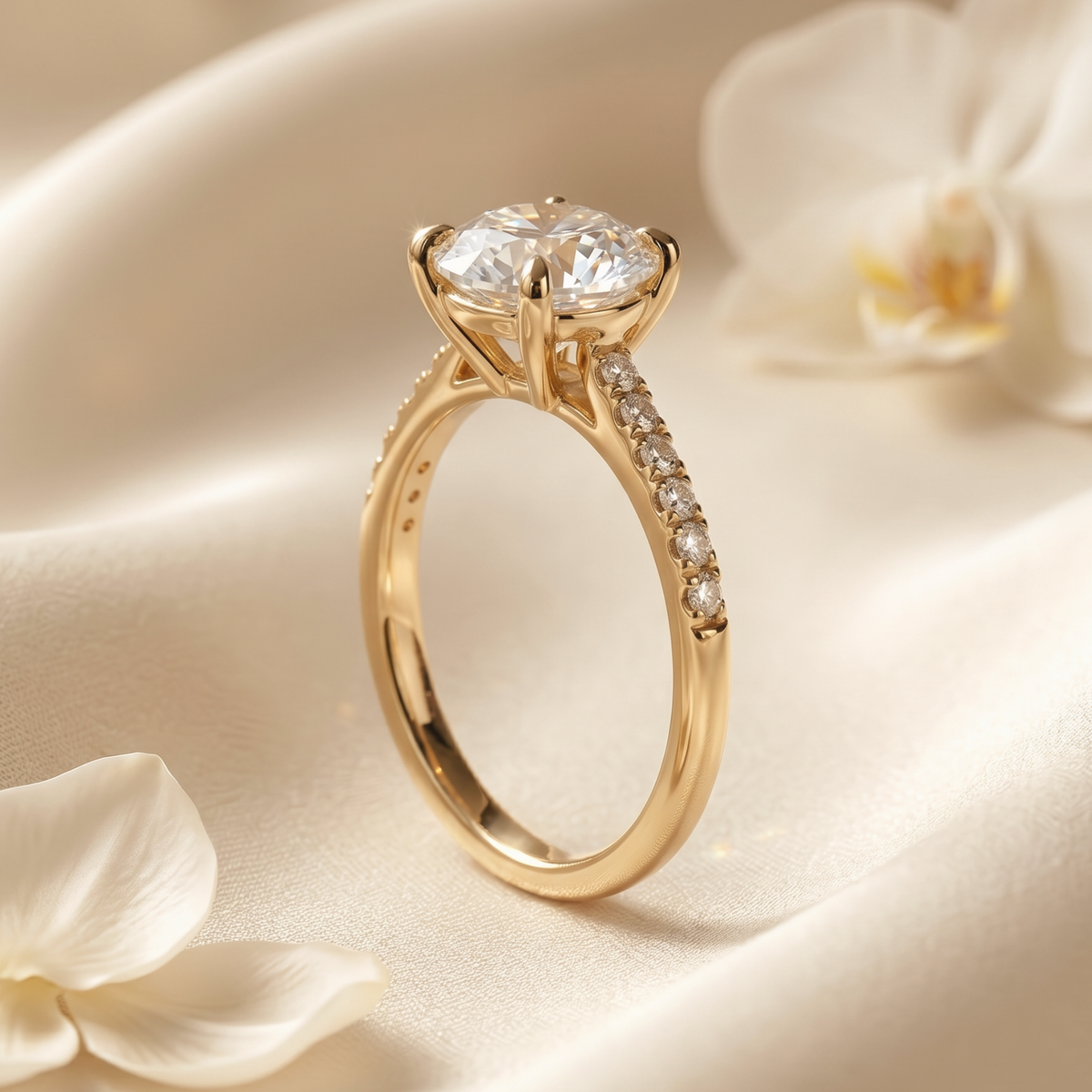 Side profile view of a yellow gold round-cut moissanite engagement ring showing the intricate setting and pave details.