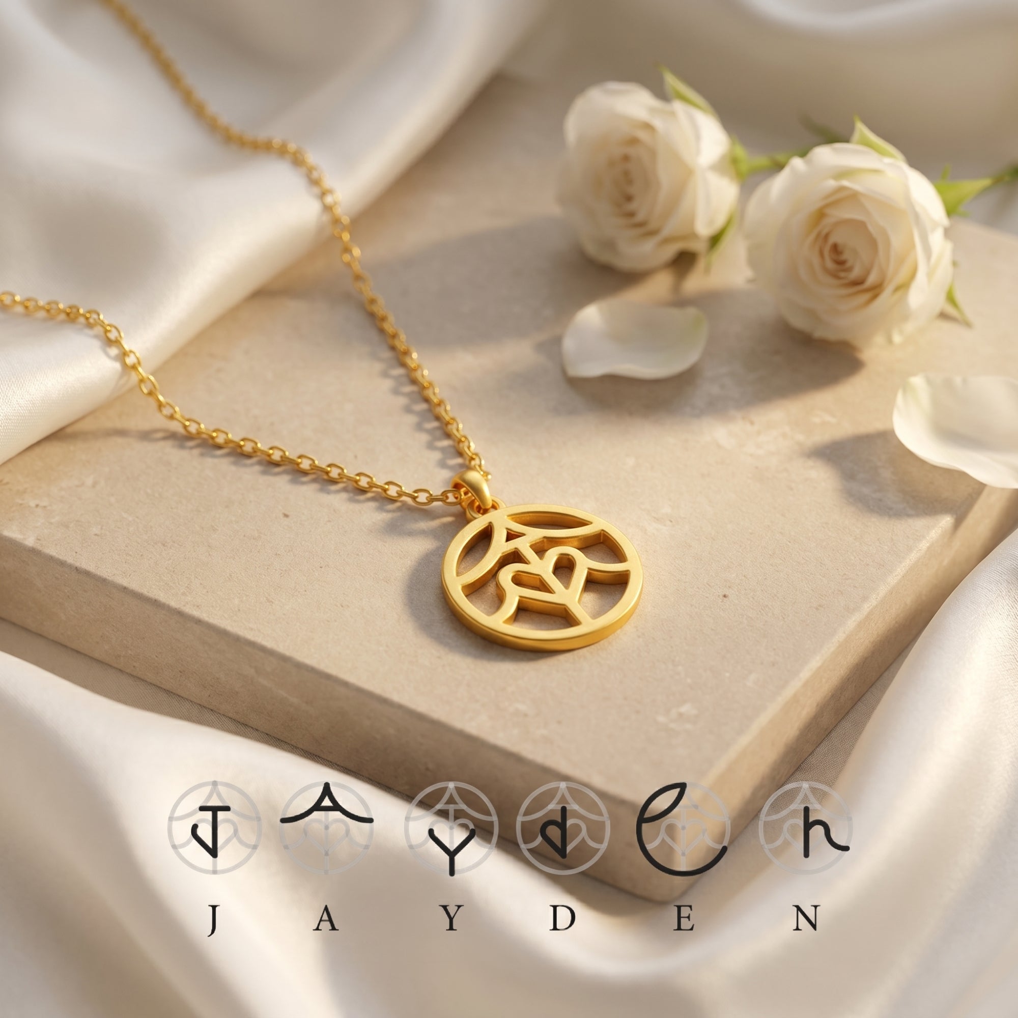 18K gold custom monogram pendant necklace on stone with roses.