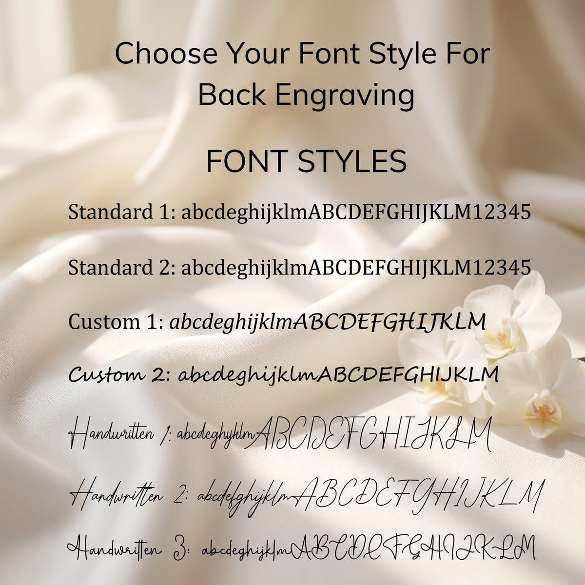 Font style options for custom back engraving on personalized necklaces.