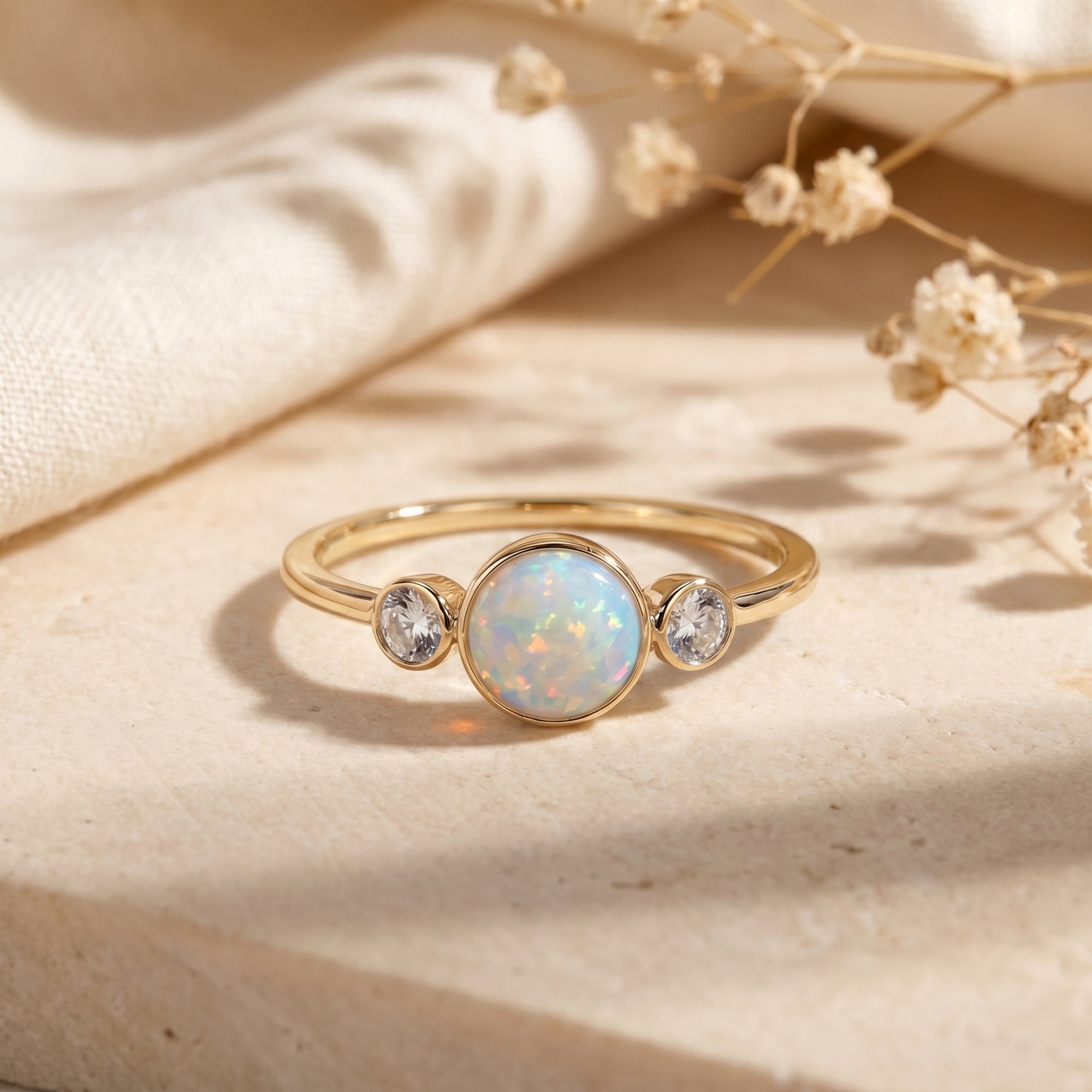 Yellow gold three-stone ring with a round white opal cabochon and zircon accents on a stone surface.