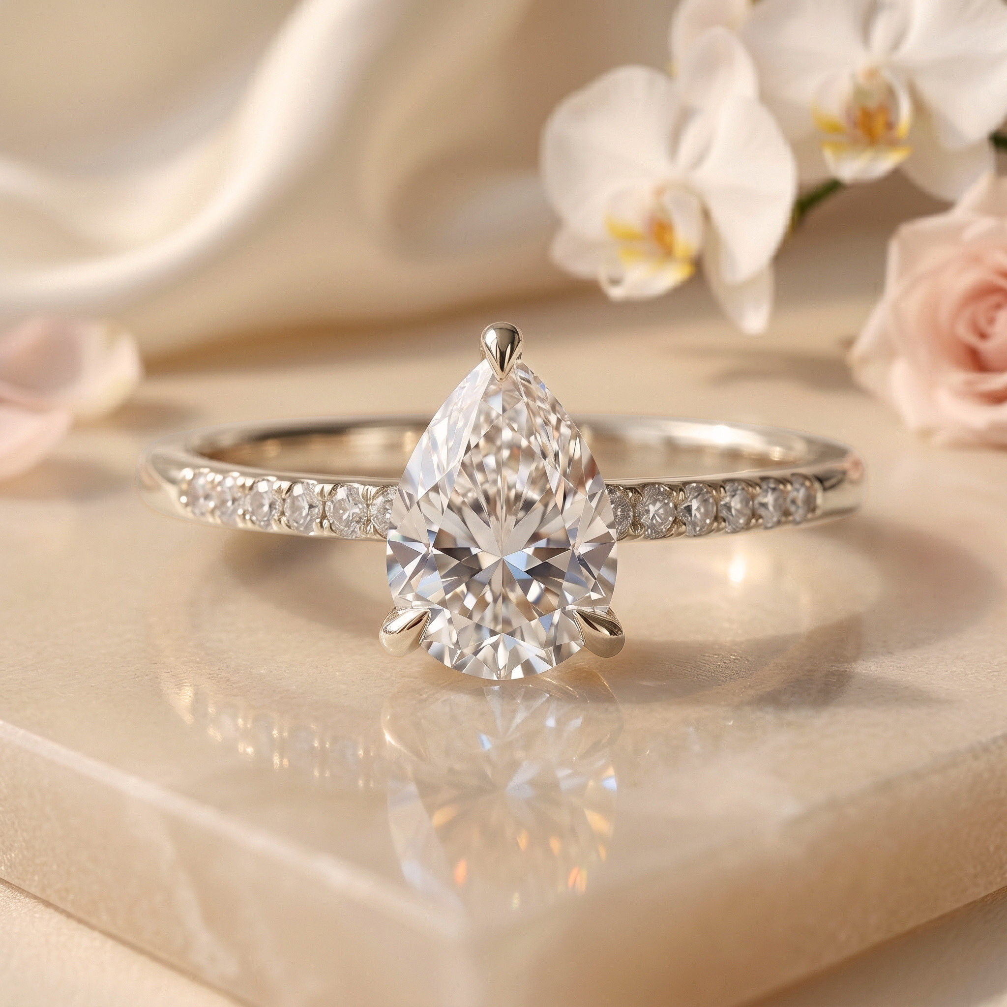 A front-facing view of a sparkling pear-cut moissanite engagement ring in white gold with a diamond-accented band.
