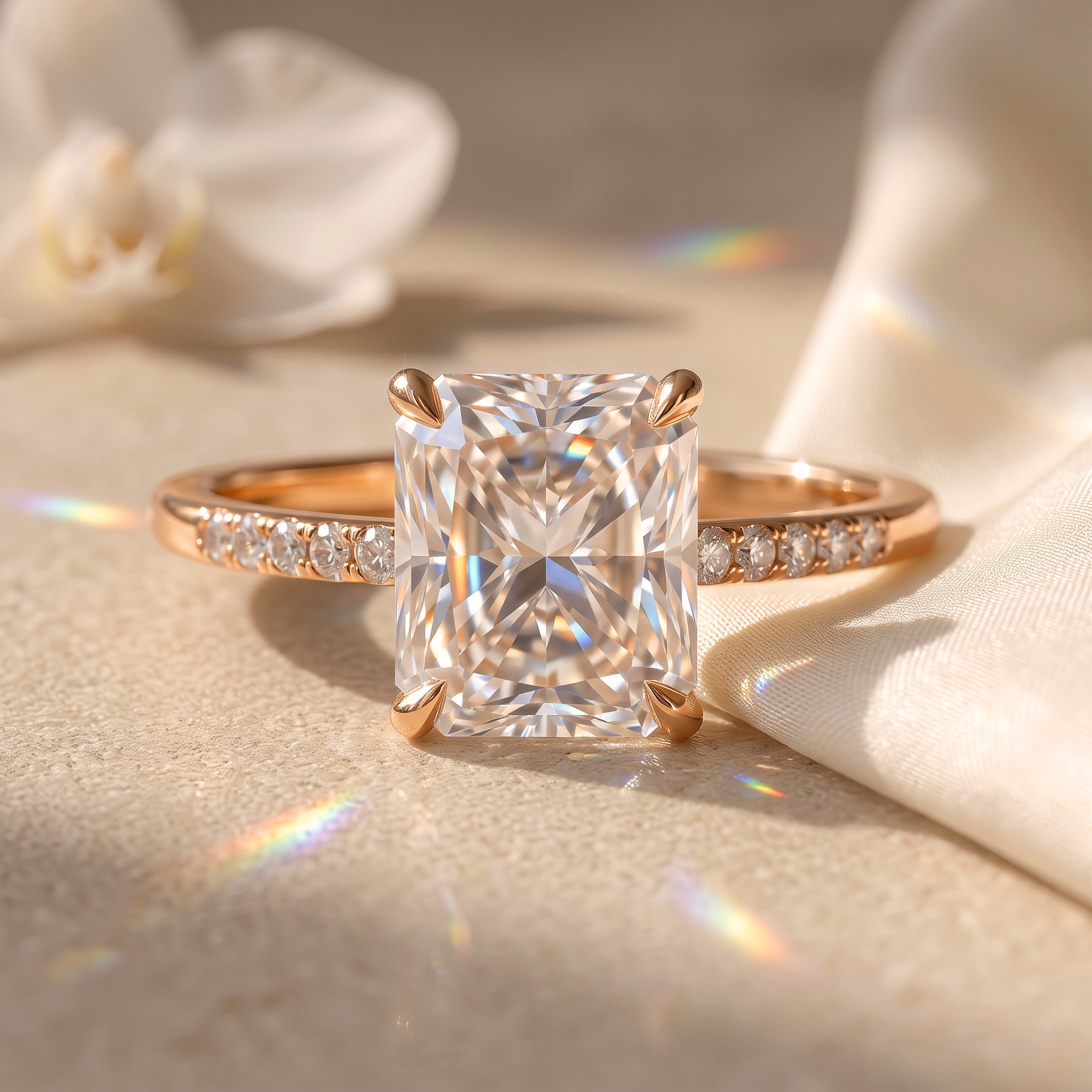 A beautiful radiant cut moissanite engagement ring in elegant rose gold with a pavé band.