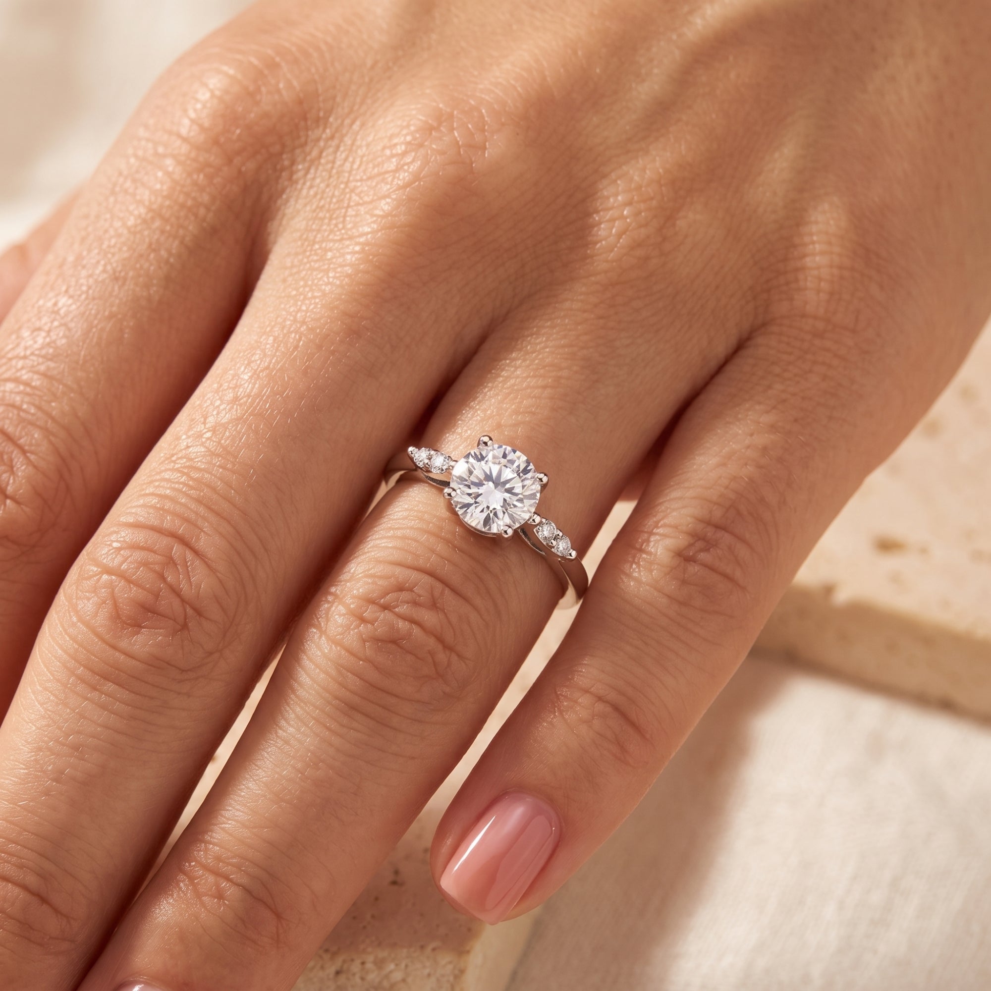 Top view of the Claudine silver promise ring with a brilliant round cut stone on a model's finger.