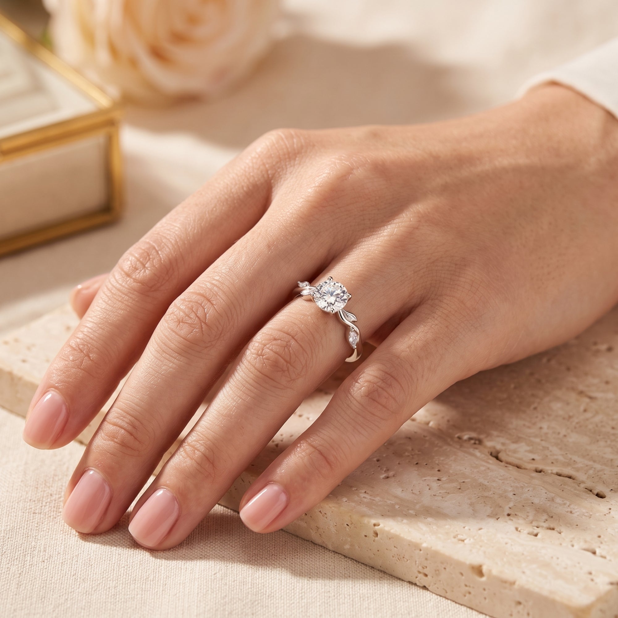 Lifestyle view of the sterling silver Fidelia ring on a hand with floral and stone accents.
