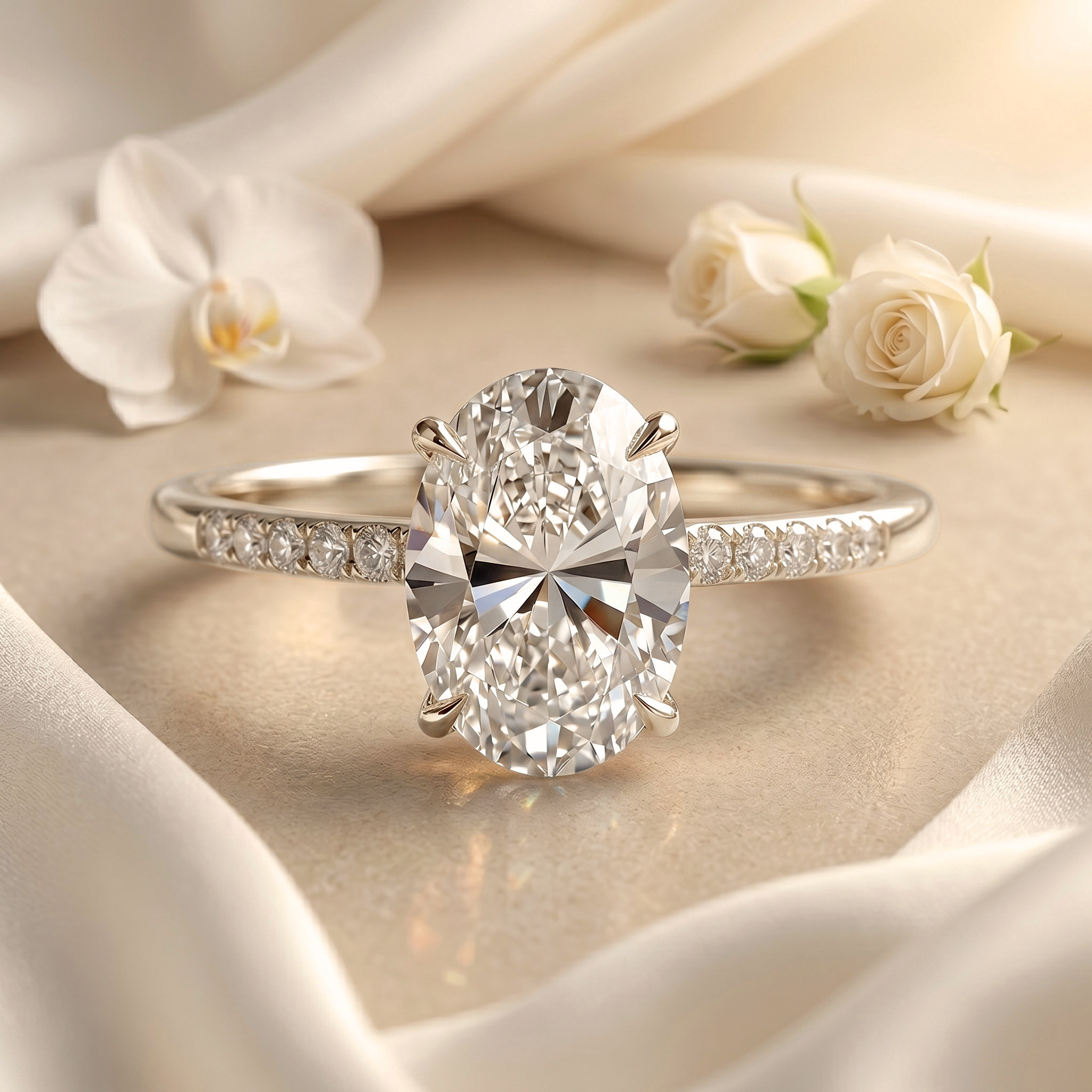 An oval-cut moissanite engagement ring with a pavé white gold band, shown on draped white silk.