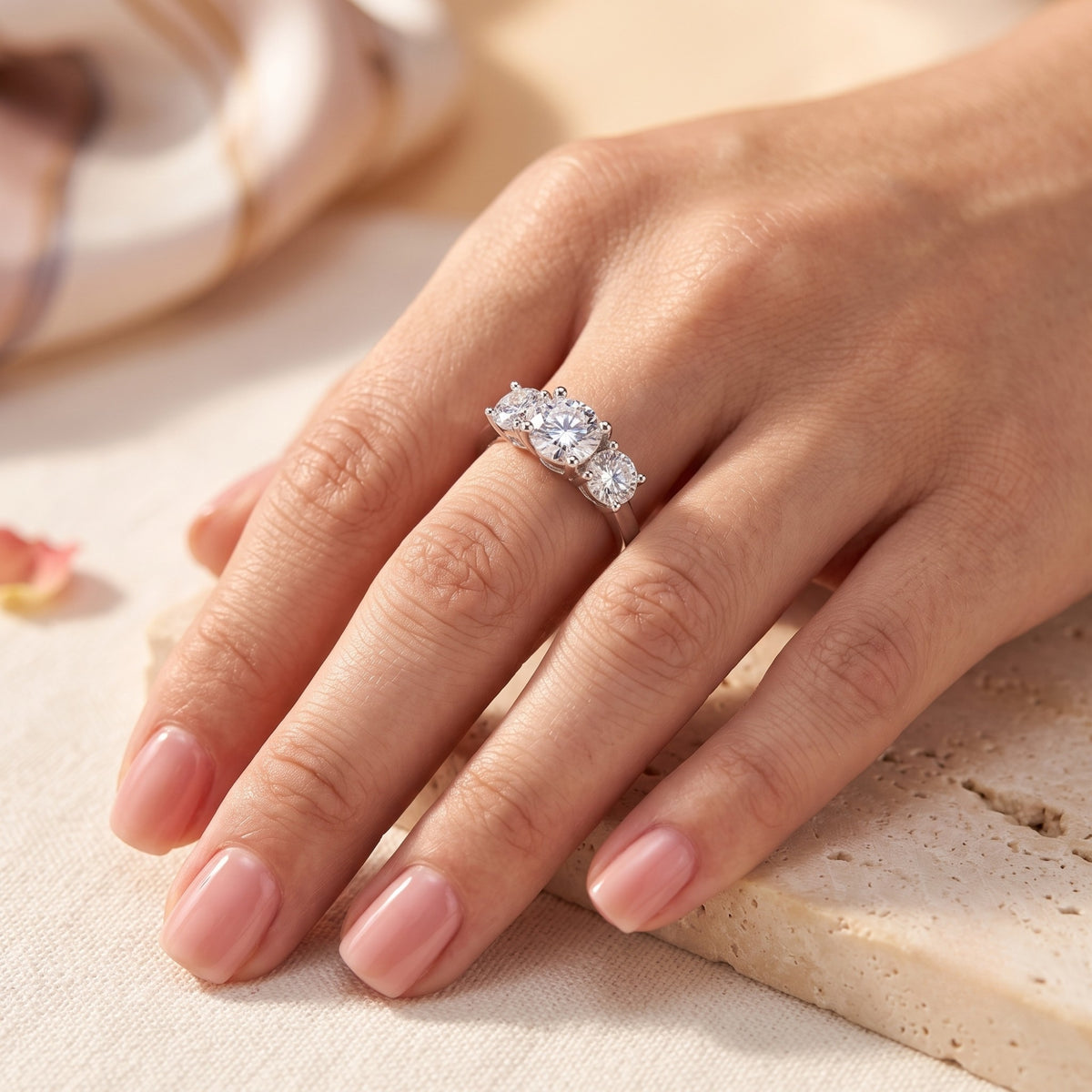 Silver three-stone promise ring with round simulated diamonds on finger.