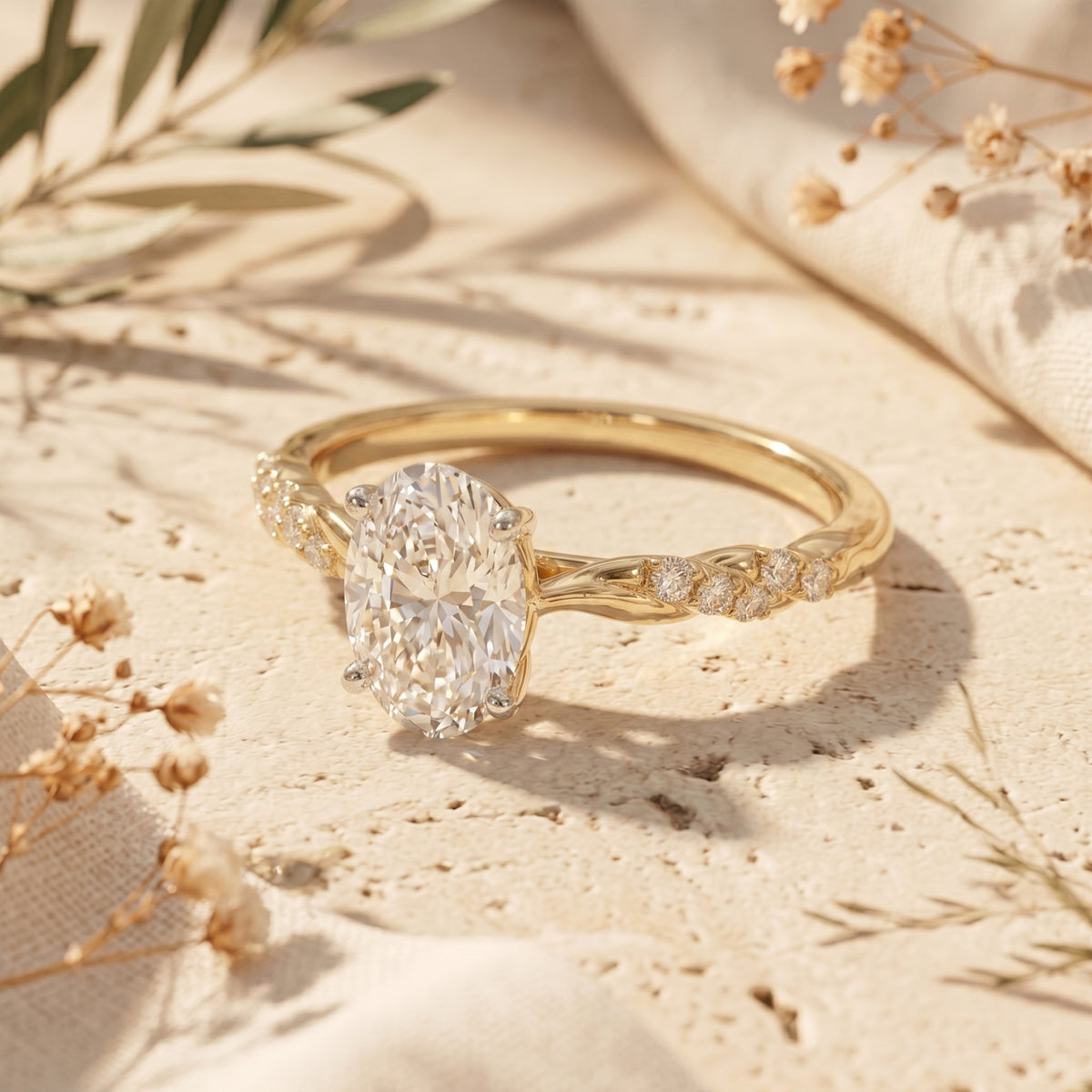 Side view of yellow gold oval moissanite ring on stone.
