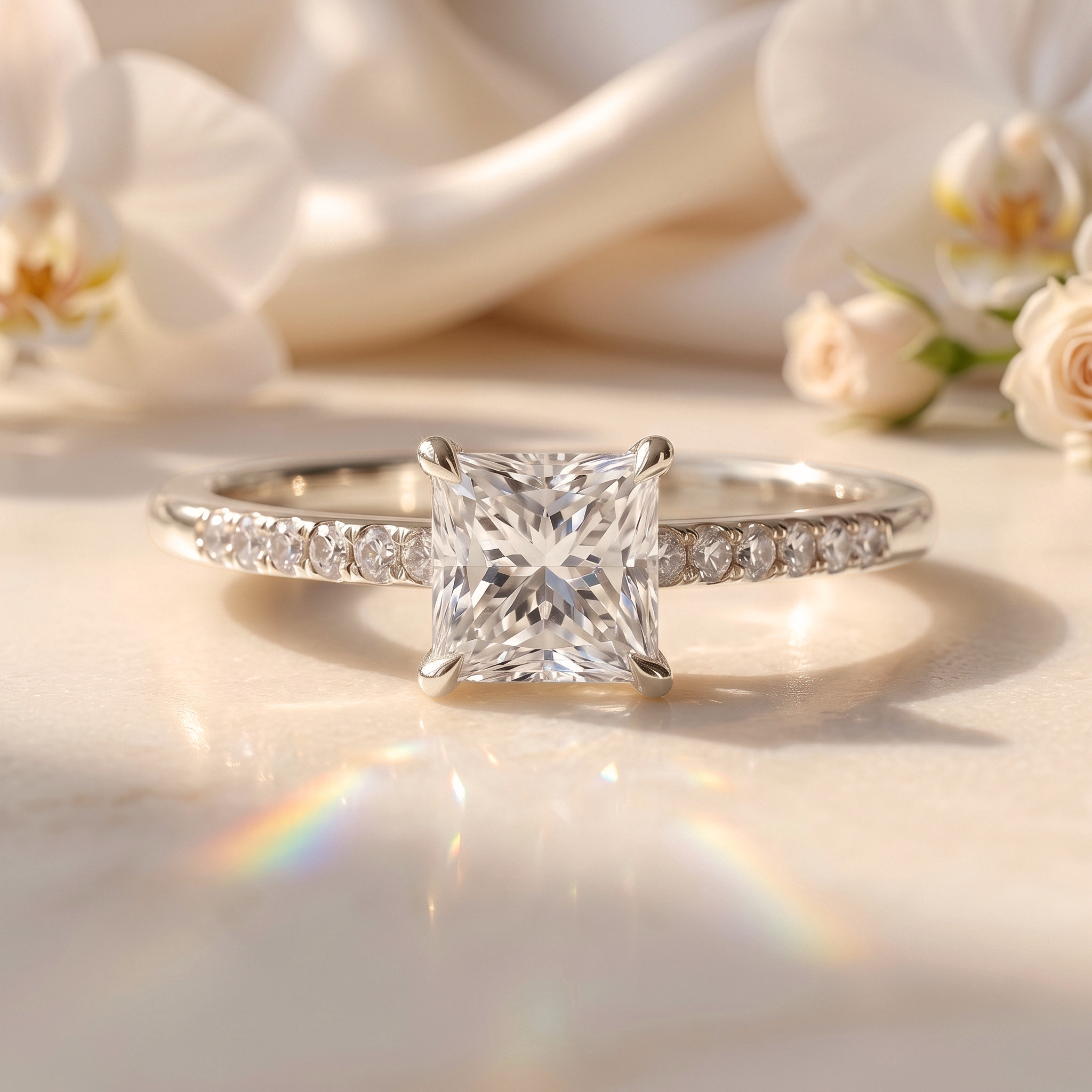 A princess cut moissanite engagement ring in white gold with a sparkling pavé diamond band.