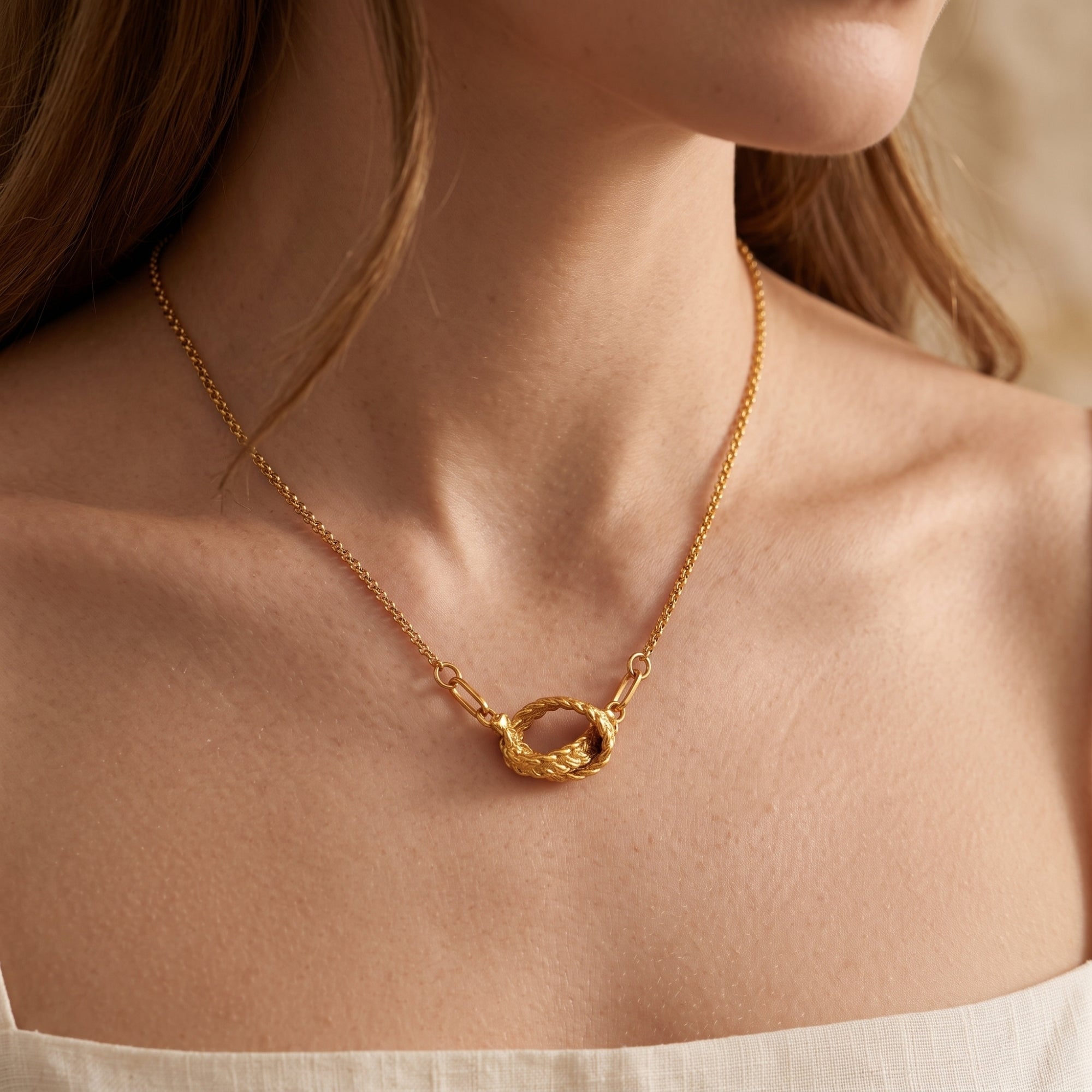 Front view of a woman wearing the gold statement knot necklace.