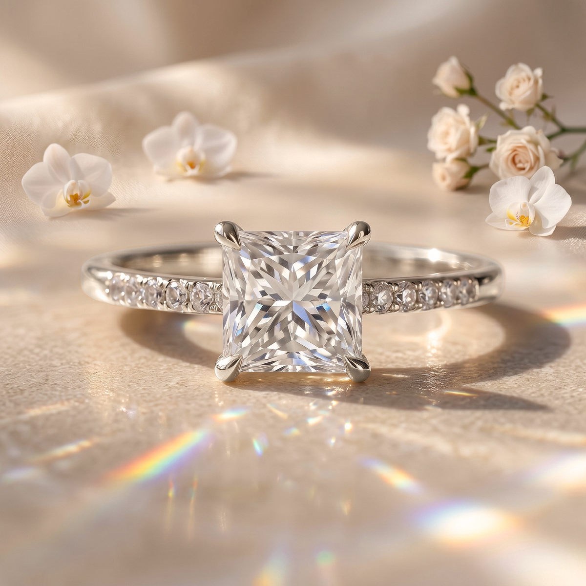 A white gold princess cut moissanite engagement ring on a pavé-set band, displayed on a neutral background.