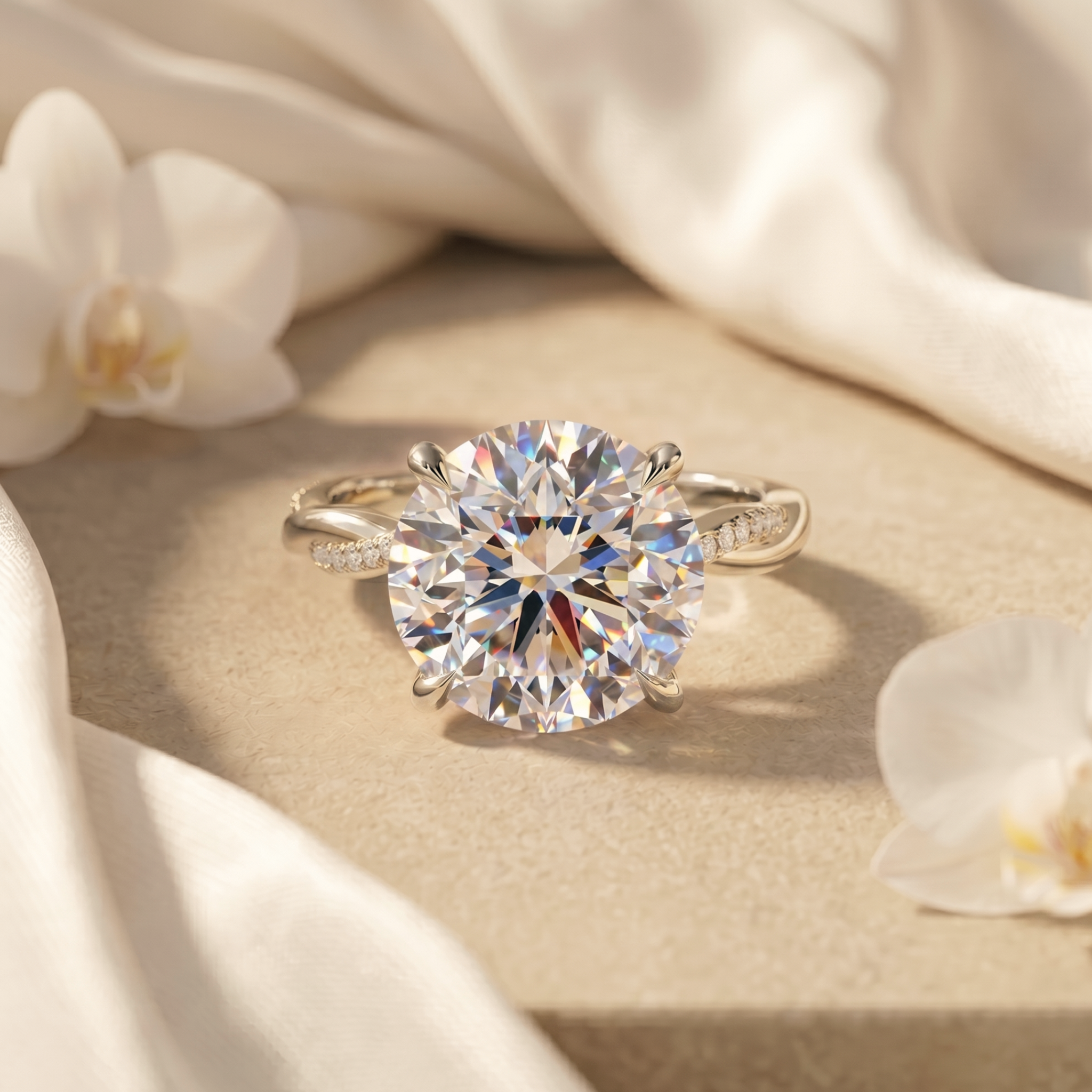 A brilliant round-cut moissanite engagement ring with a white gold twisted pavé band showcased on a neutral fabric.