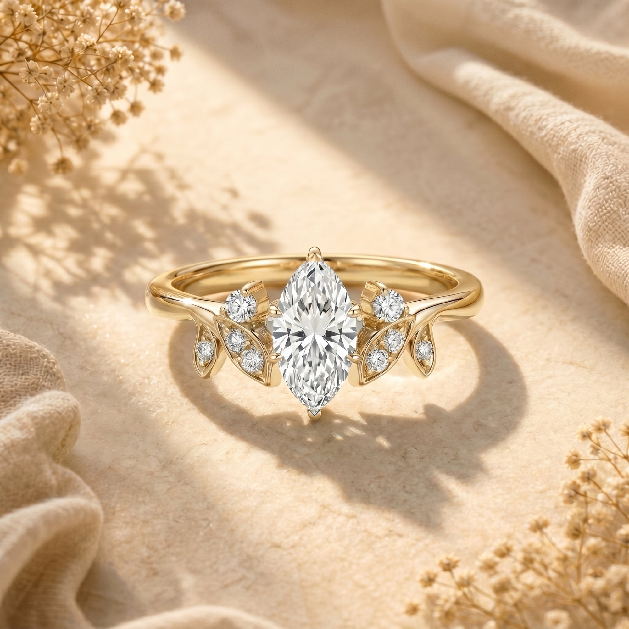 Marquise moissanite gold ring with leaf accents on a neutral lifestyle background.