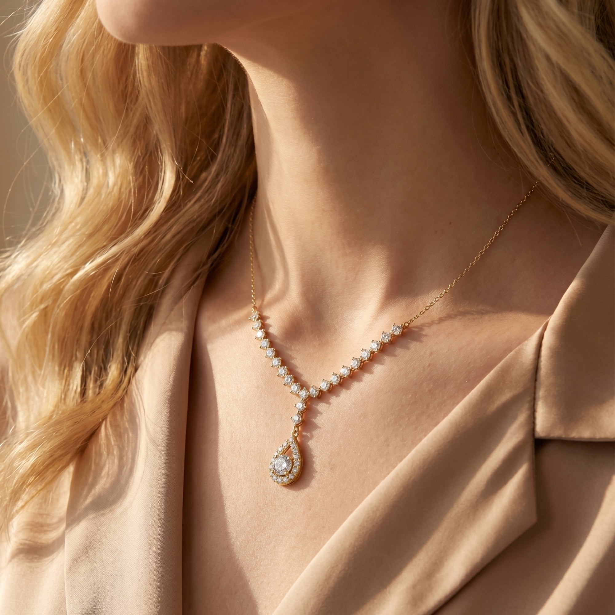 Model wearing the gold vermeil Amarantine moissanite necklace with teardrop drop.