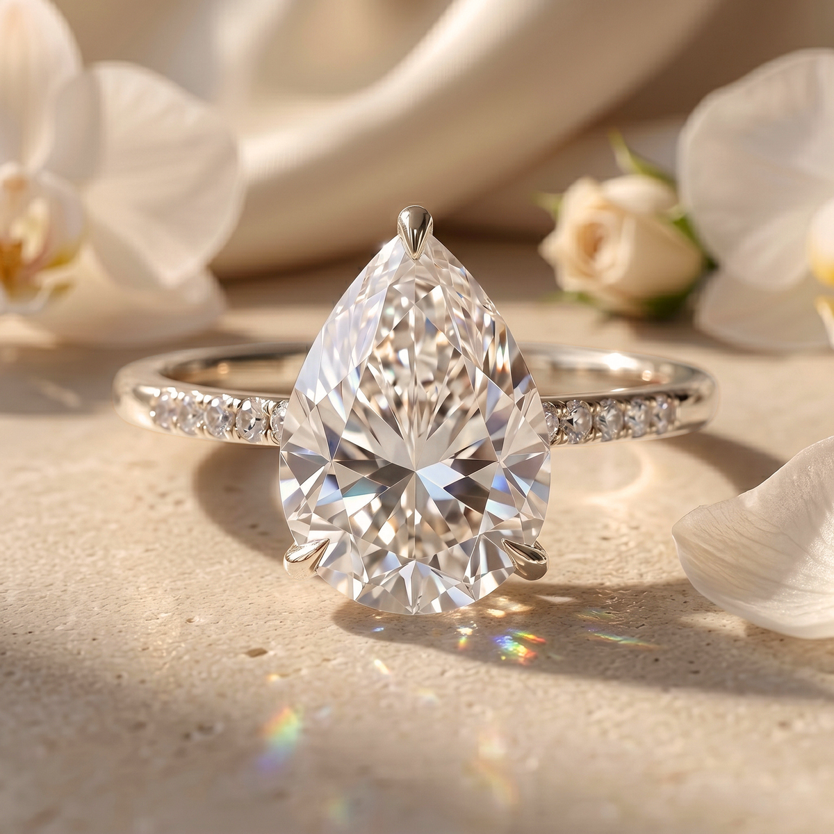A white gold moissanite engagement ring featuring a sparkling pear-shaped center stone on a delicate paved band.