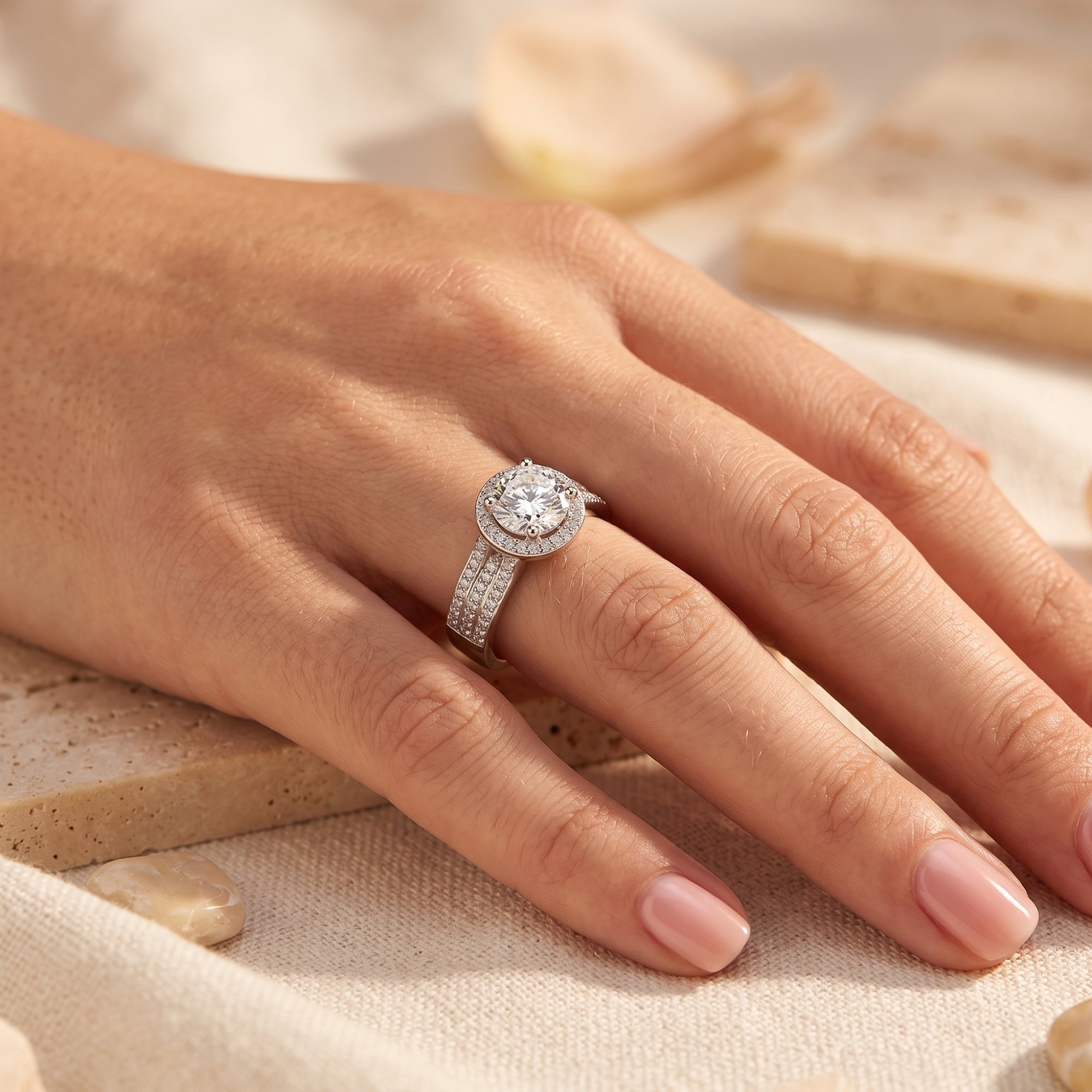Side view of the Evandina sterling silver simulated diamond ring on a model's finger.
