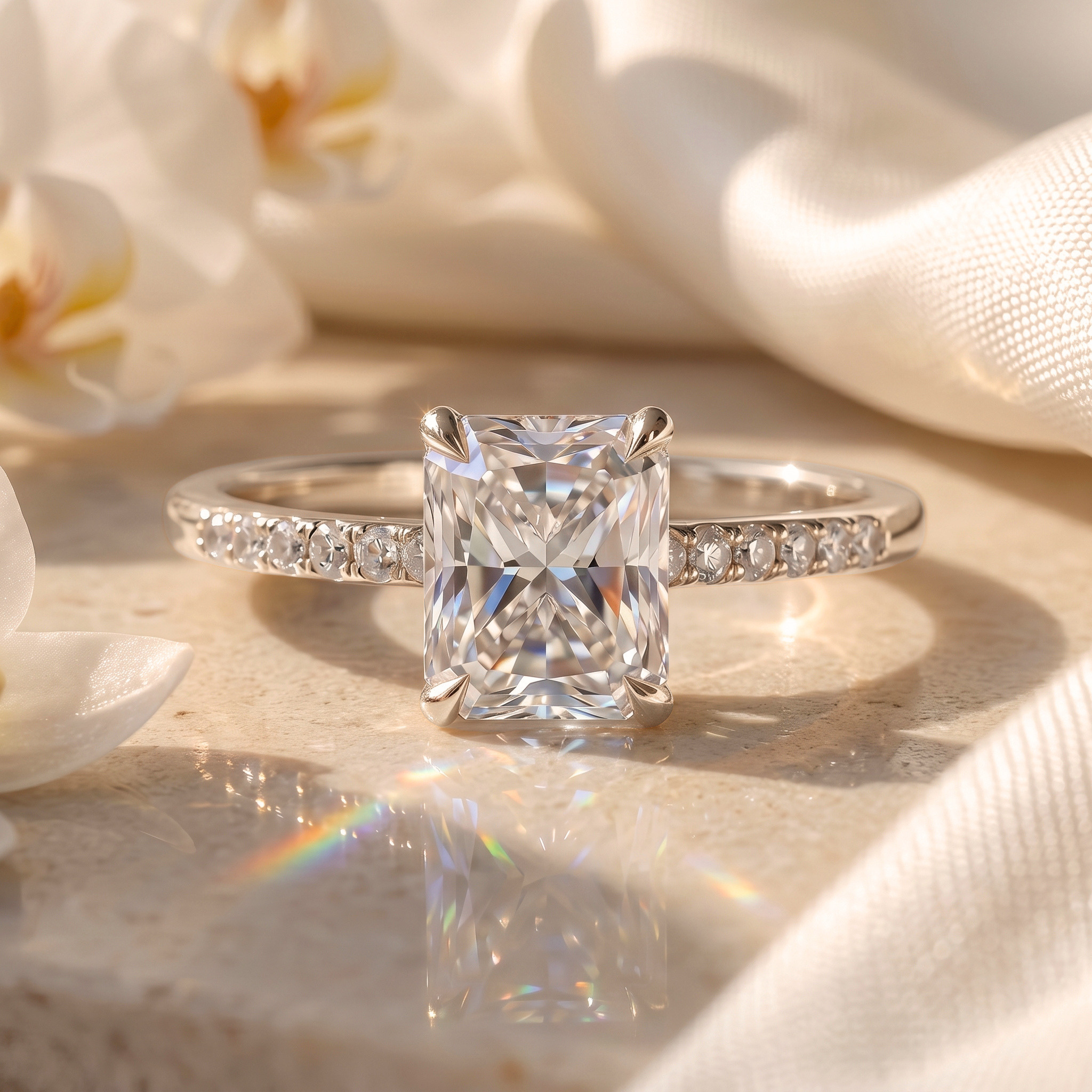 A sparkling radiant cut moissanite engagement ring with a white gold pavé band, resting on a warm stone surface.