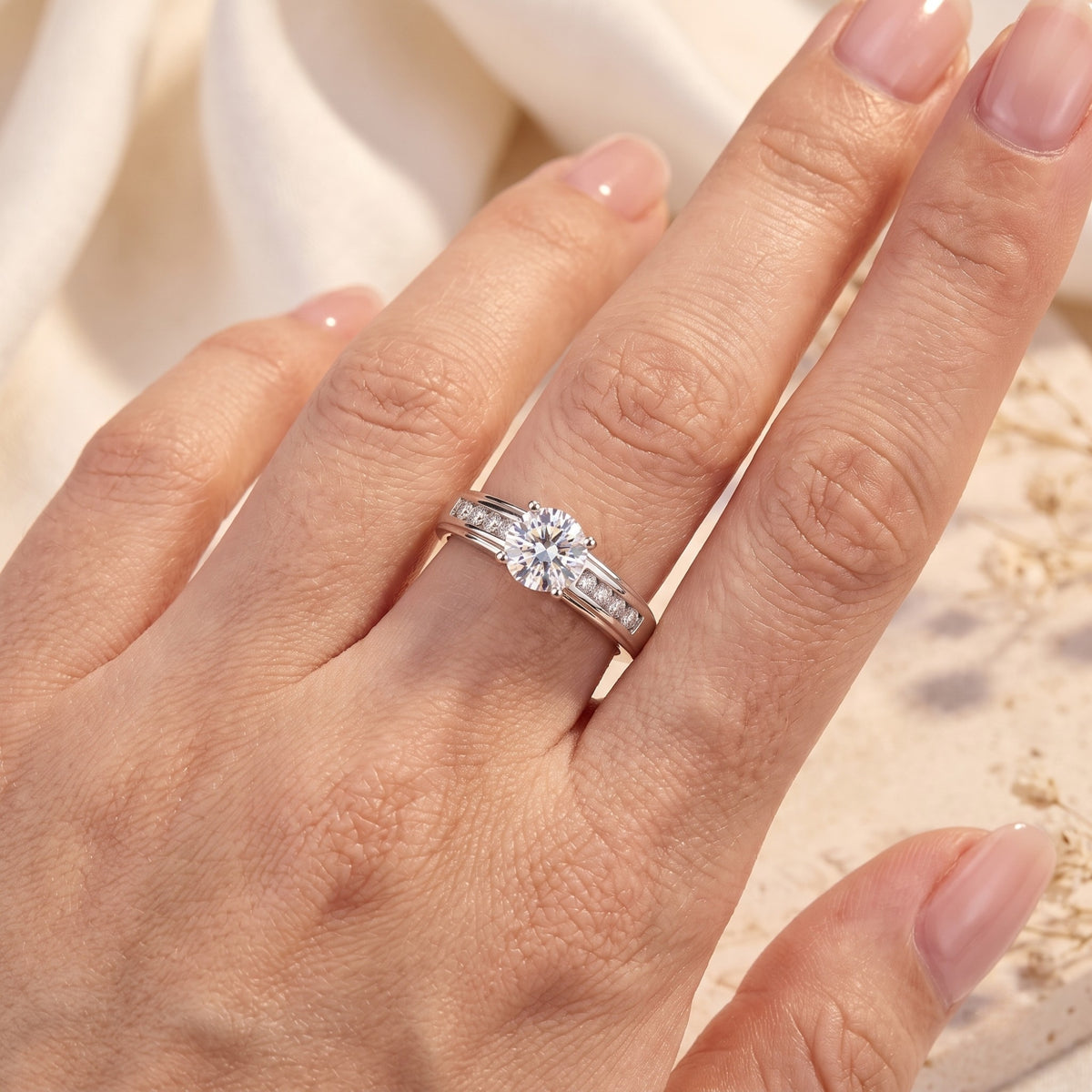 Top view of the silver promise ring with channel-set side stones and round center stone on a hand.