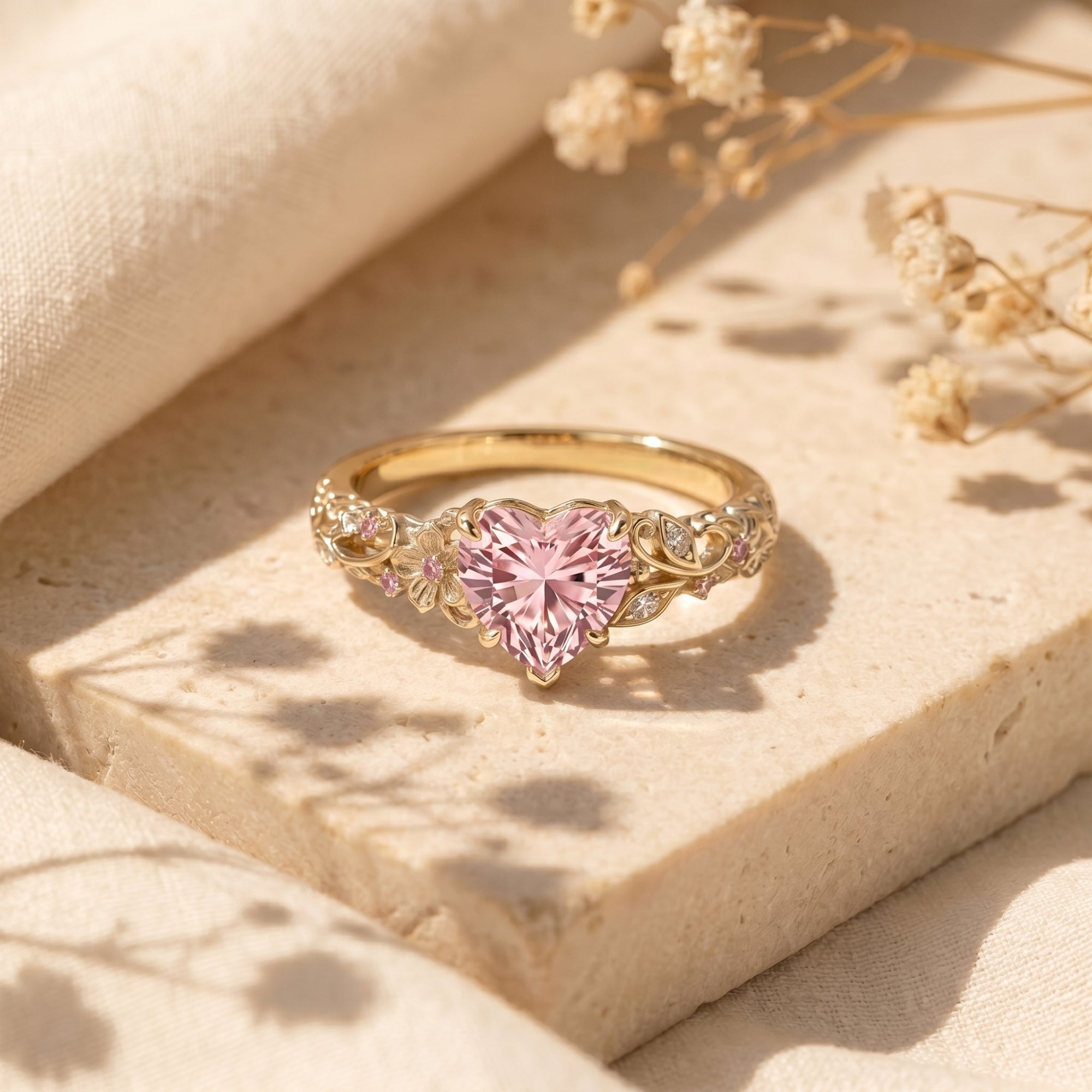 Gold heart-cut pink diamond ring on stone with floral accents.