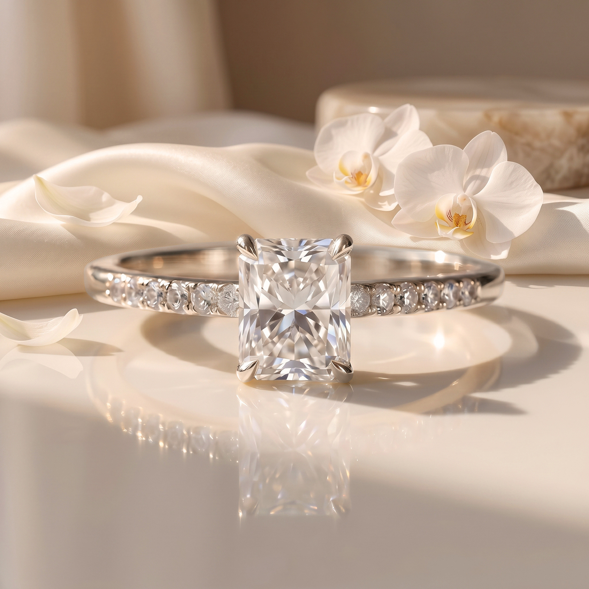 A radiant cut moissanite engagement ring featuring a white gold band adorned with sparkling pavé diamonds.