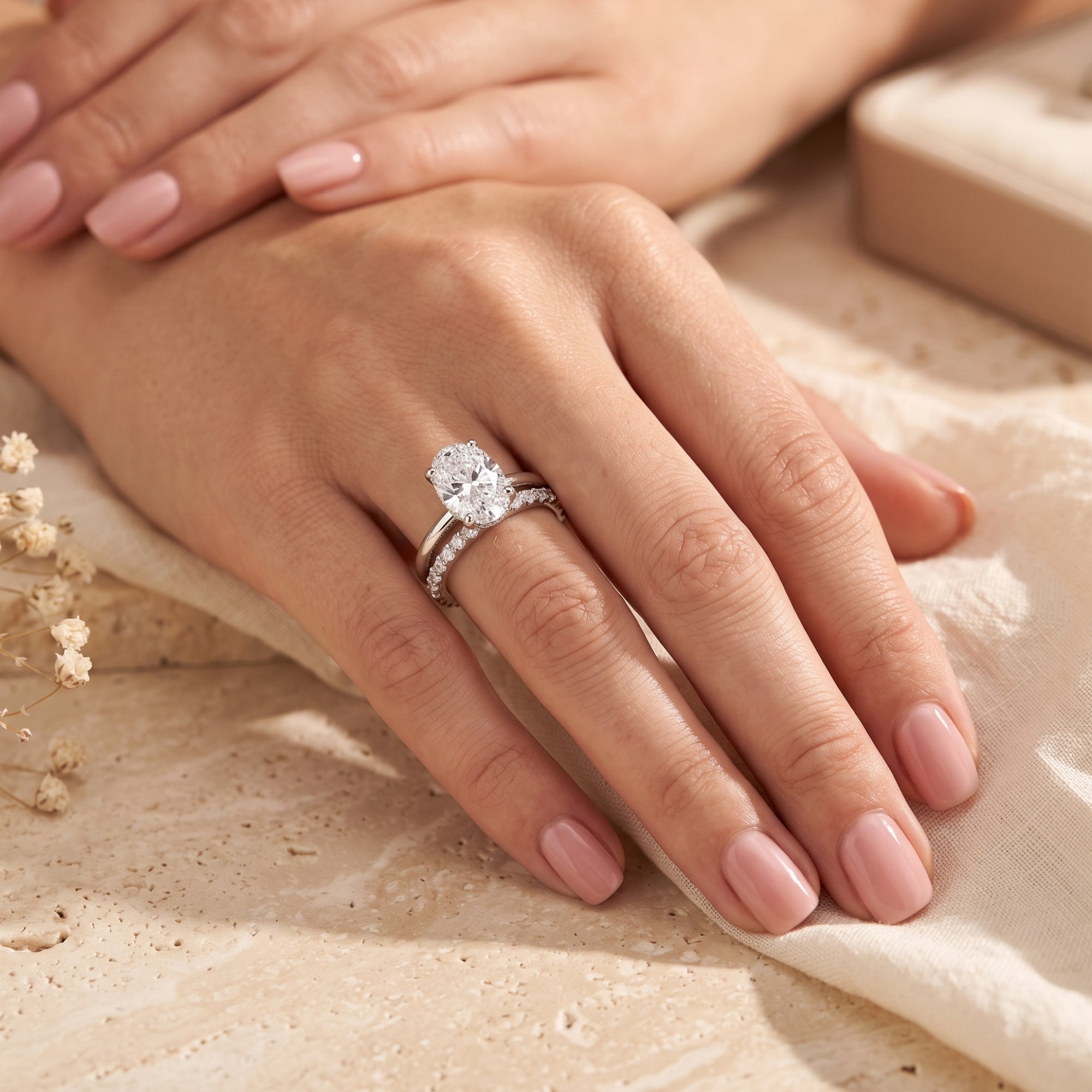 Oval-cut simulated diamond silver ring set on a model's hand.