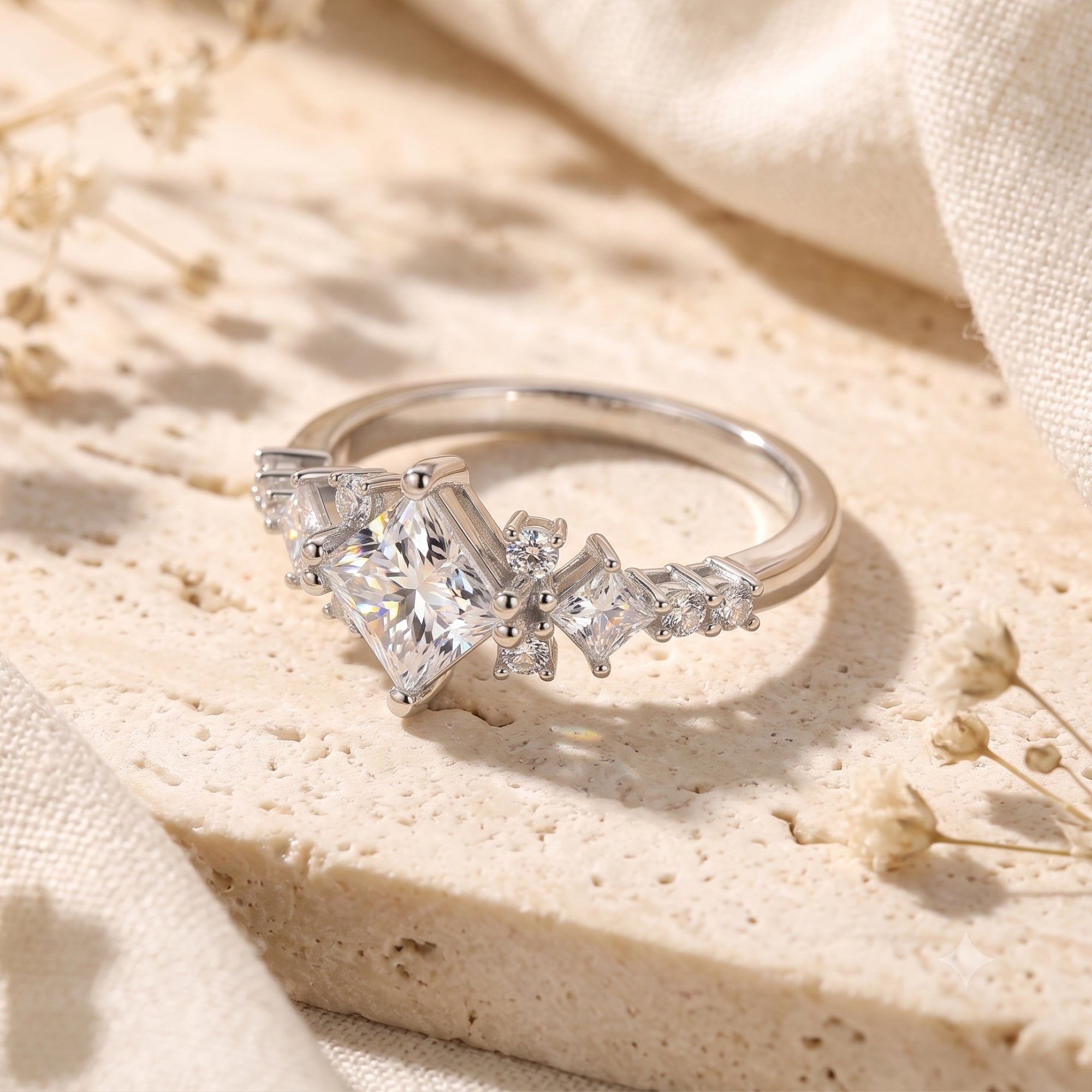 Angled view of the sterling silver princess-cut CZ ring styled with dried flowers.