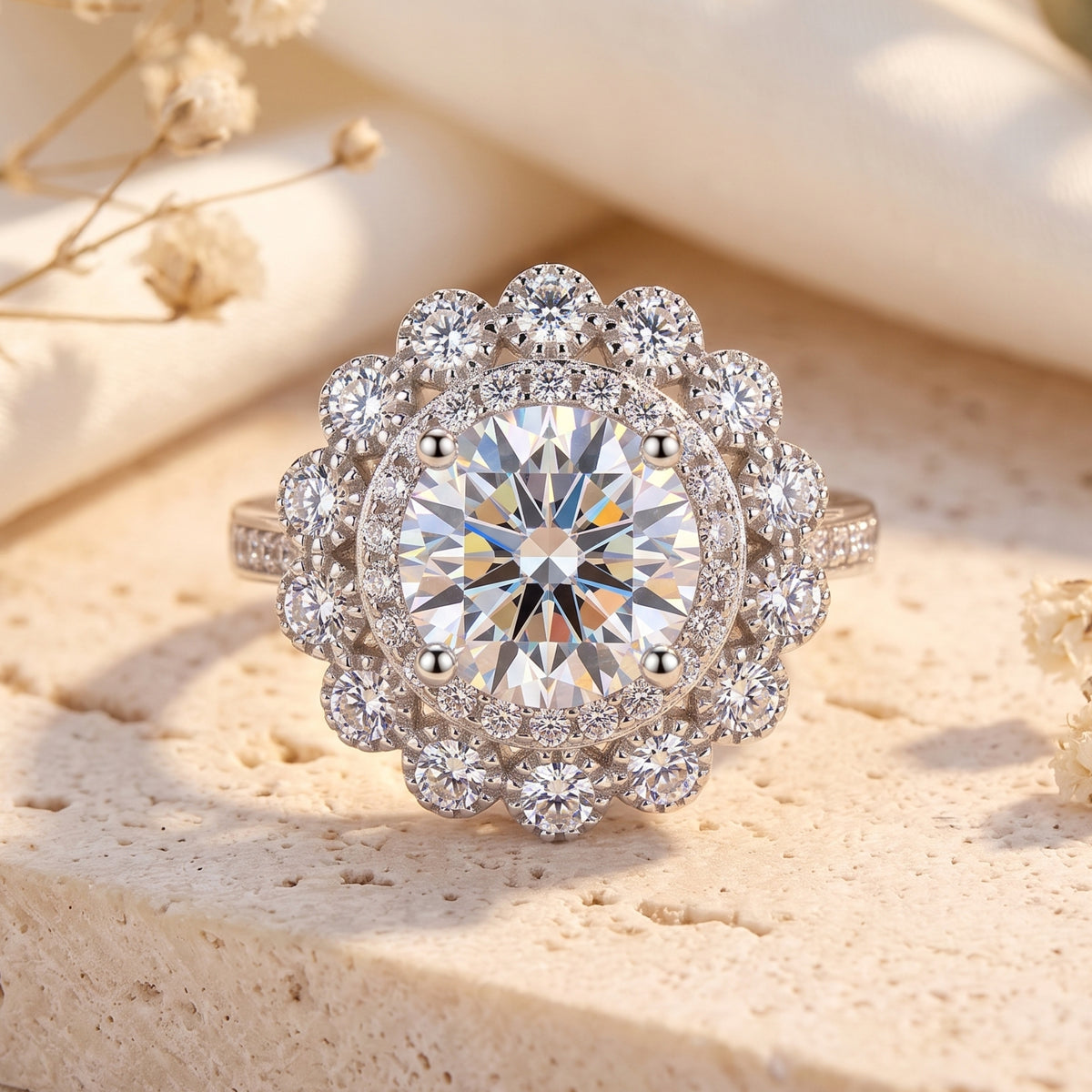 Top-down view of the sterling silver Elysetta ring with a brilliant round simulated diamond and halo.
