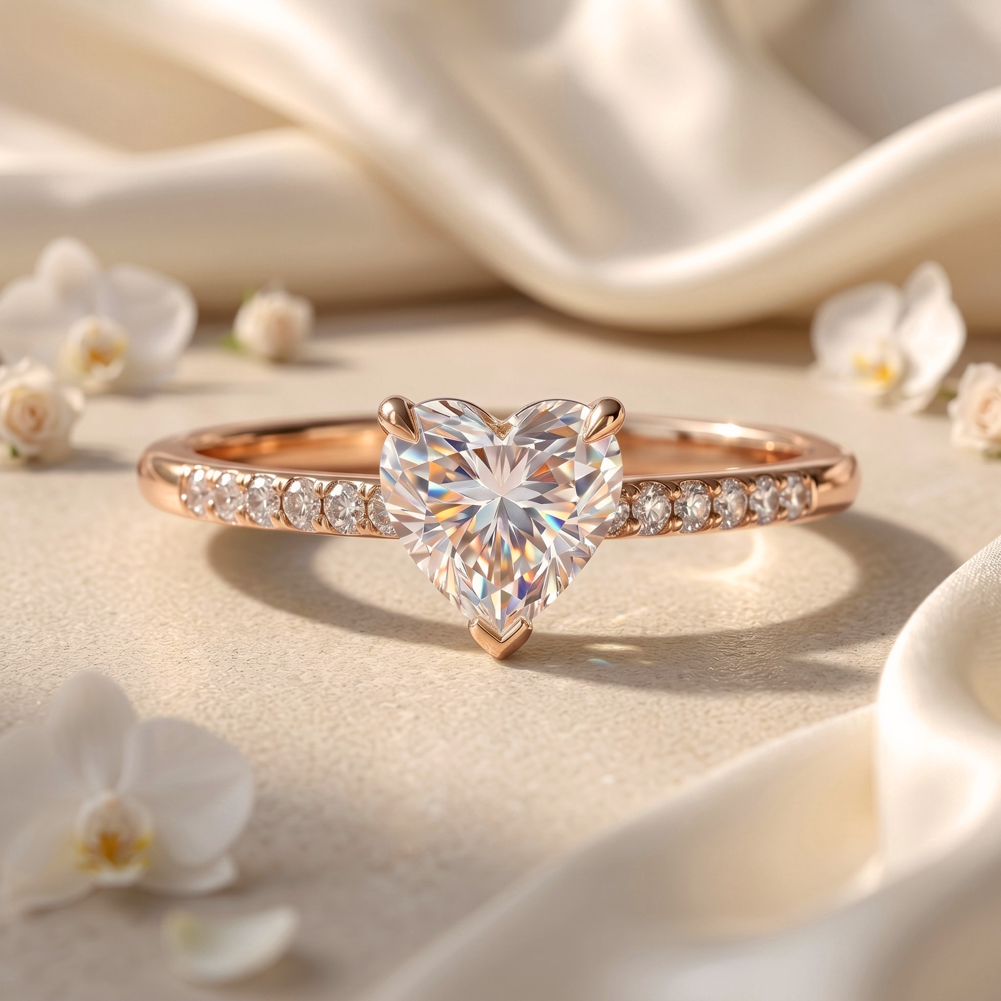 A beautiful rose gold heart-shaped moissanite engagement ring sitting on a silky surface with small white roses.