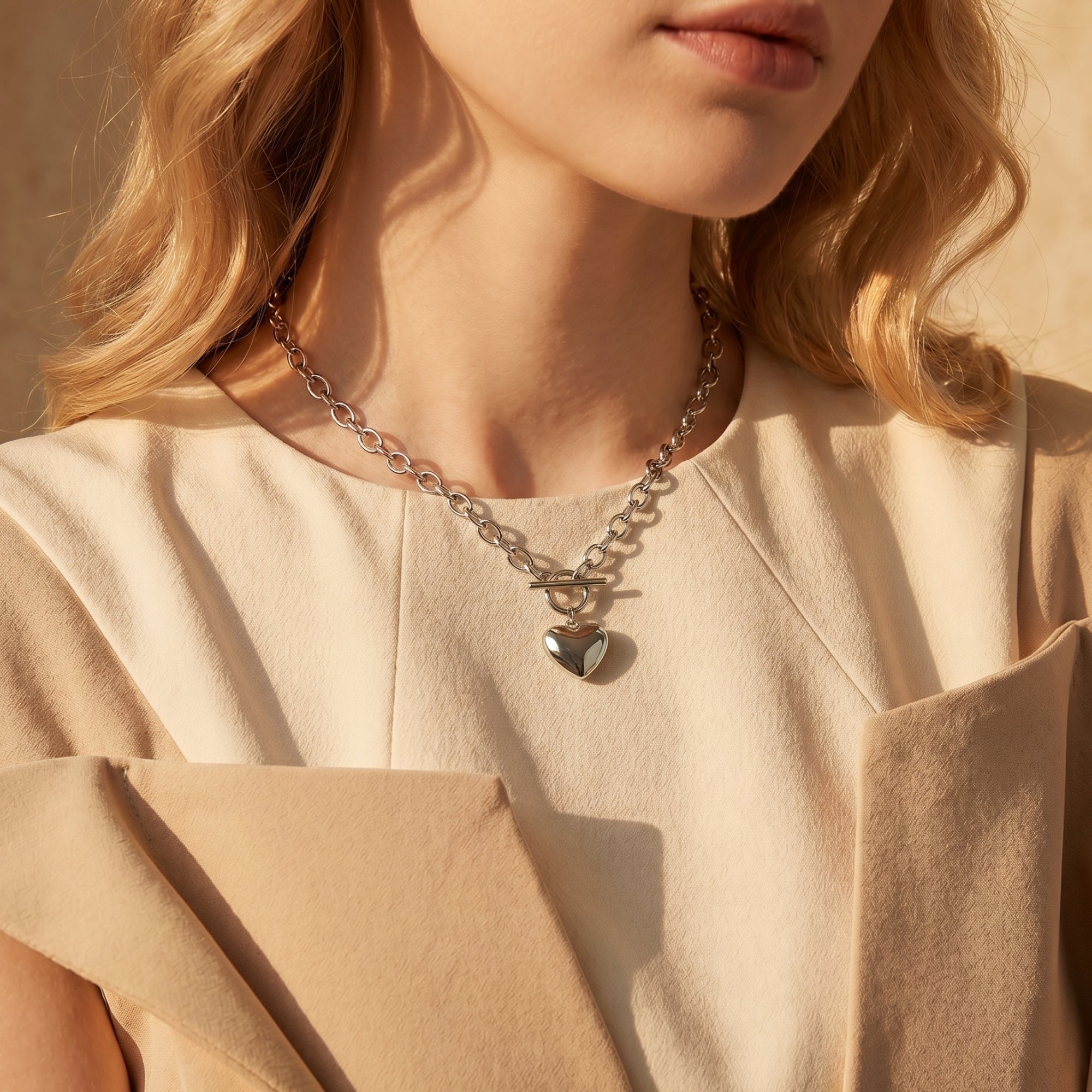 Silver heart pendant necklace with a toggle clasp worn by a model.