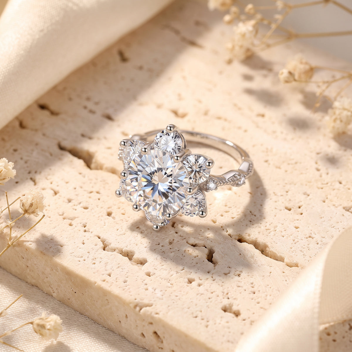 Angled view of Roselita silver ring with a 9mm round simulated diamond in a floral cluster on stone.