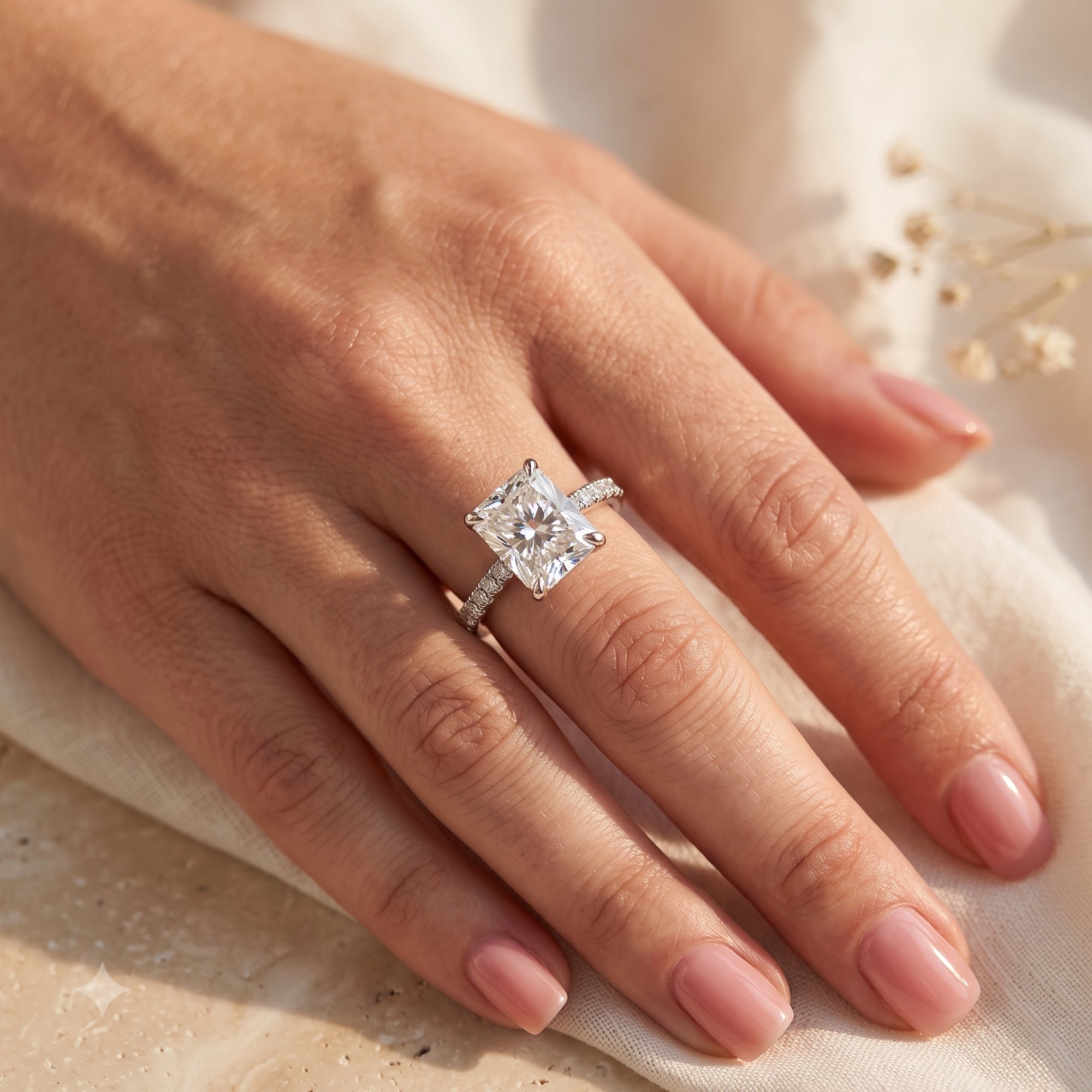 Angled view of the sterling silver Claudette radiant-cut simulated diamond ring, worn on a model's finger.