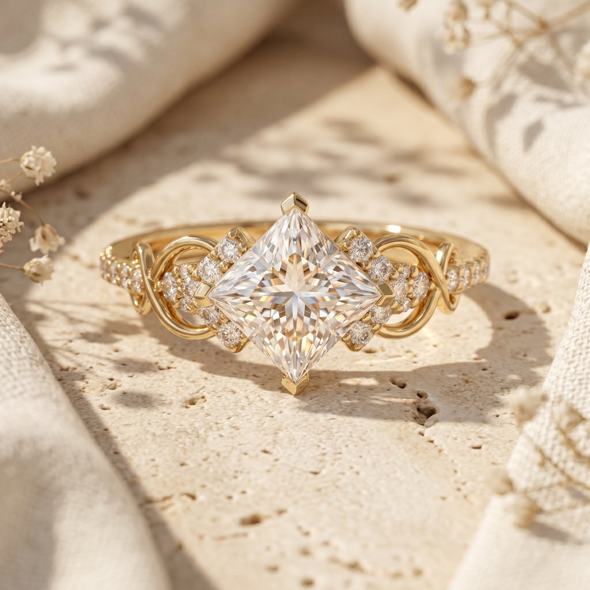 Front view of the gold Elysaria moissanite ring with a princess-cut center stone on a textured surface.