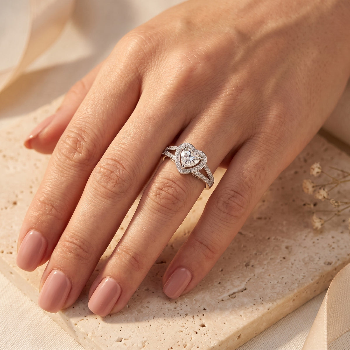 Top-down view of the heart-cut cubic zirconia halo ring in sterling silver on a finger.