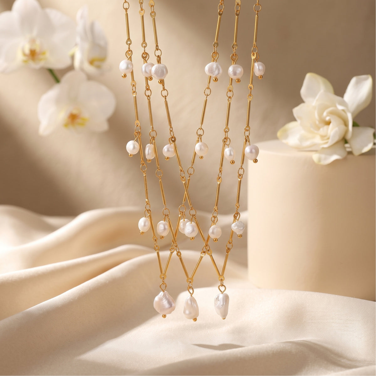 Multiple gold finish baroque pearl necklaces hanging in a styled lifestyle scene with white flowers.
