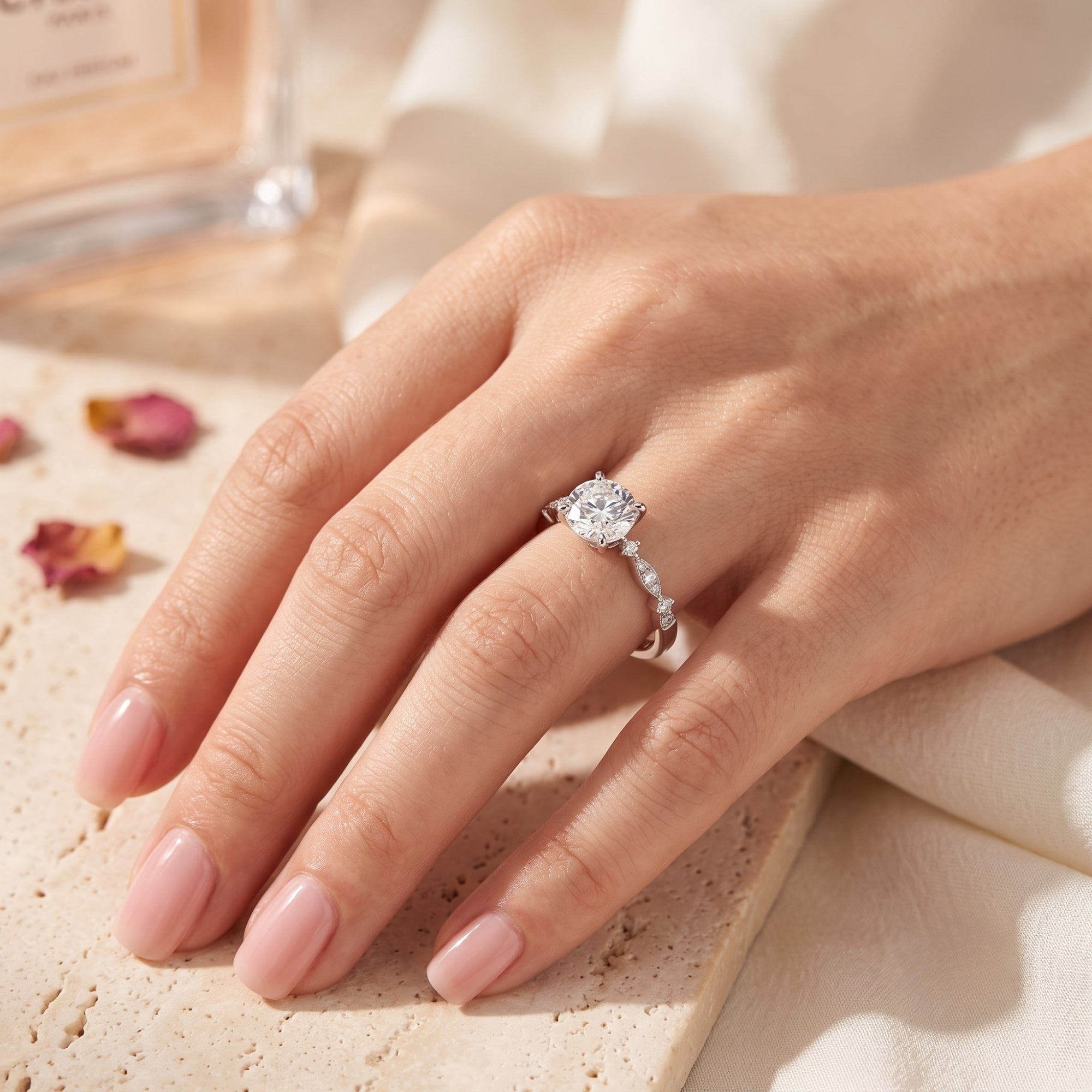 Silver round-cut simulated diamond ring on a hand with rose petals and perfume bottle.