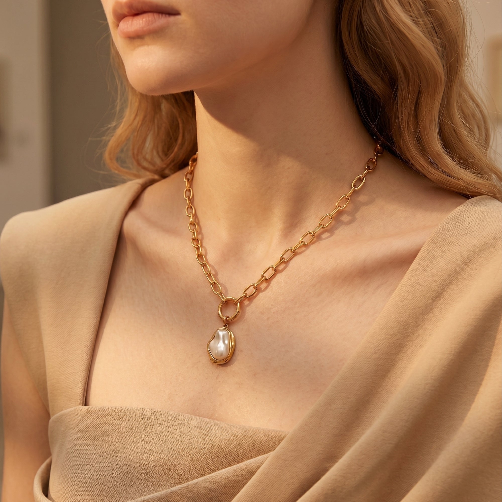 Gold Isabella pearl necklace with an irregular synthetic pearl pendant worn by a model.