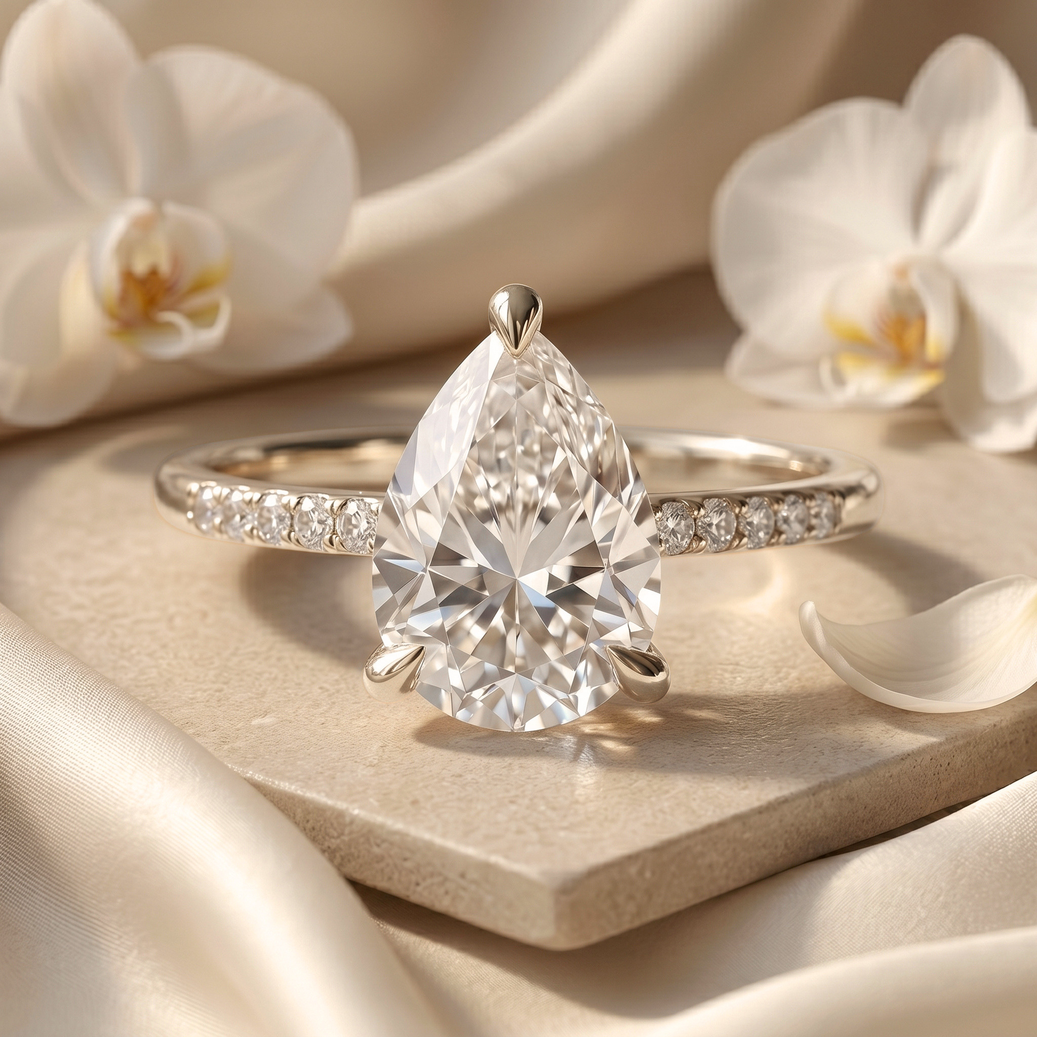 A brilliant pear-cut moissanite engagement ring with a white gold pavé band, displayed on a beige surface with soft white orchids.