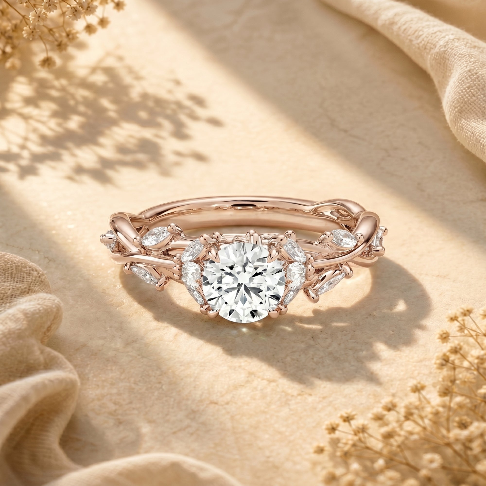 Round moissanite promise ring in rose gold finish with a nature-inspired vine band on a lifestyle background.