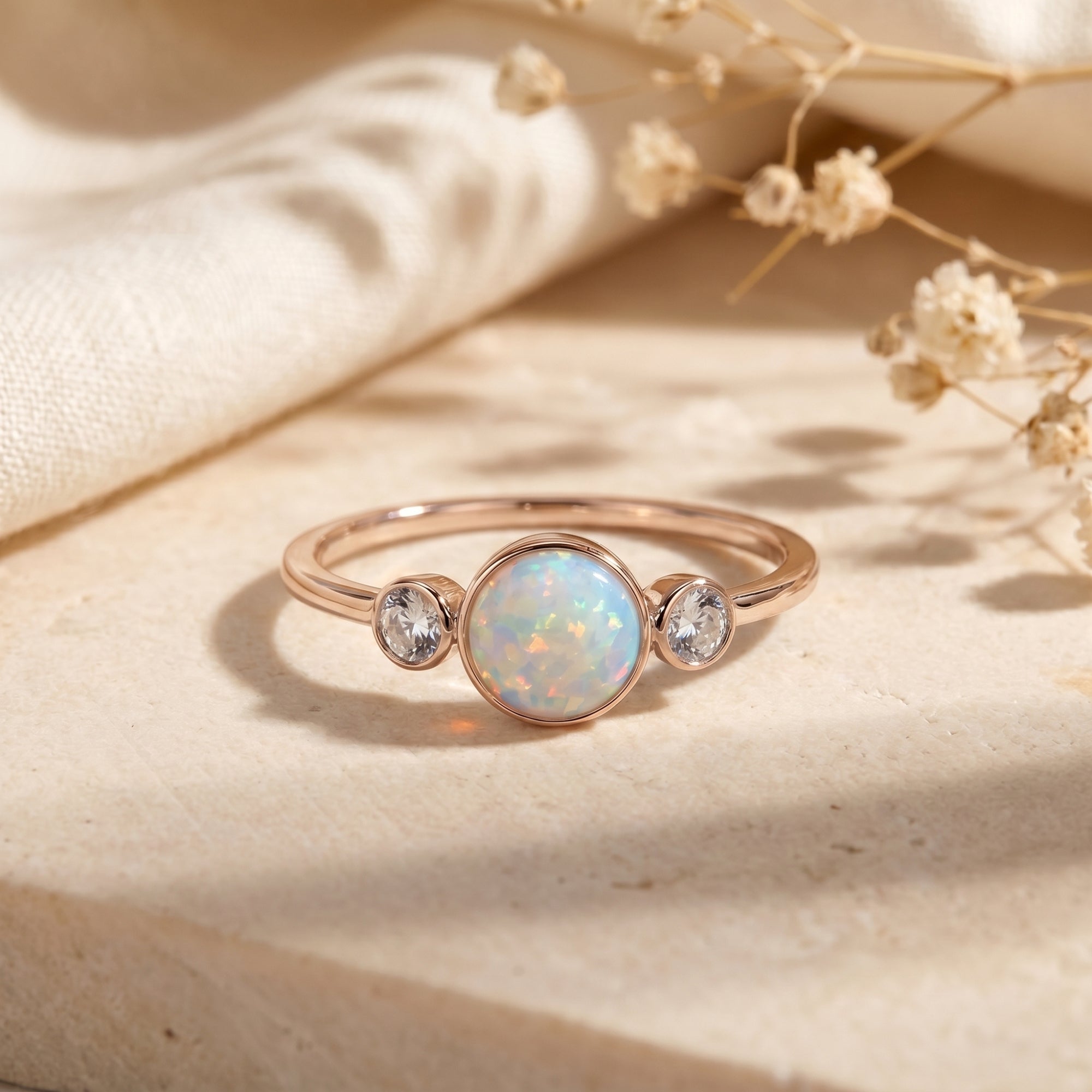 Rose gold three-stone ring with a round white opal cabochon and two round-cut zircons on a stone surface.