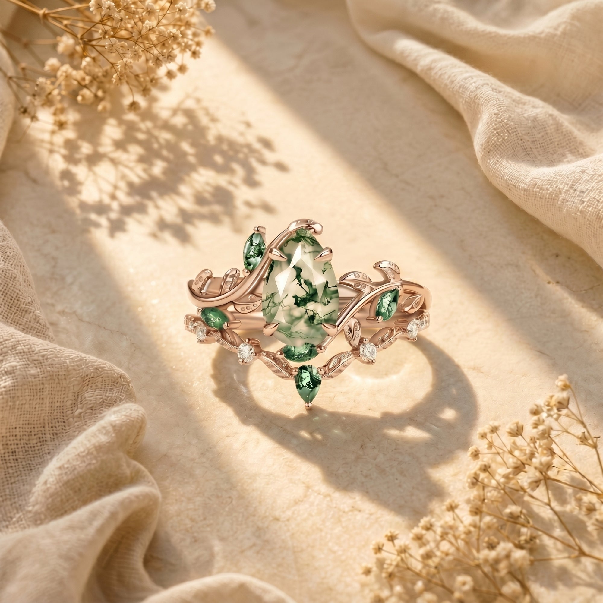 Rose gold Cypria moss agate vine ring set with a pear-cut center stone on a neutral lifestyle background.