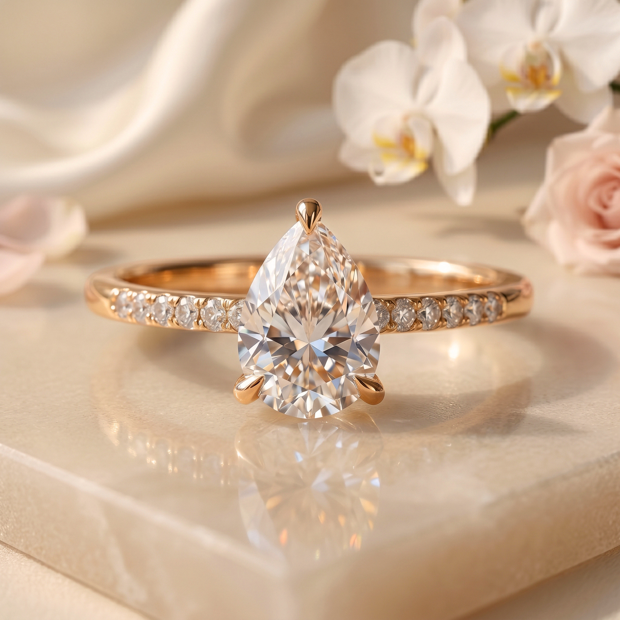 A front-facing view of a lovely pear-cut moissanite engagement ring in rose gold with a diamond-accented band.