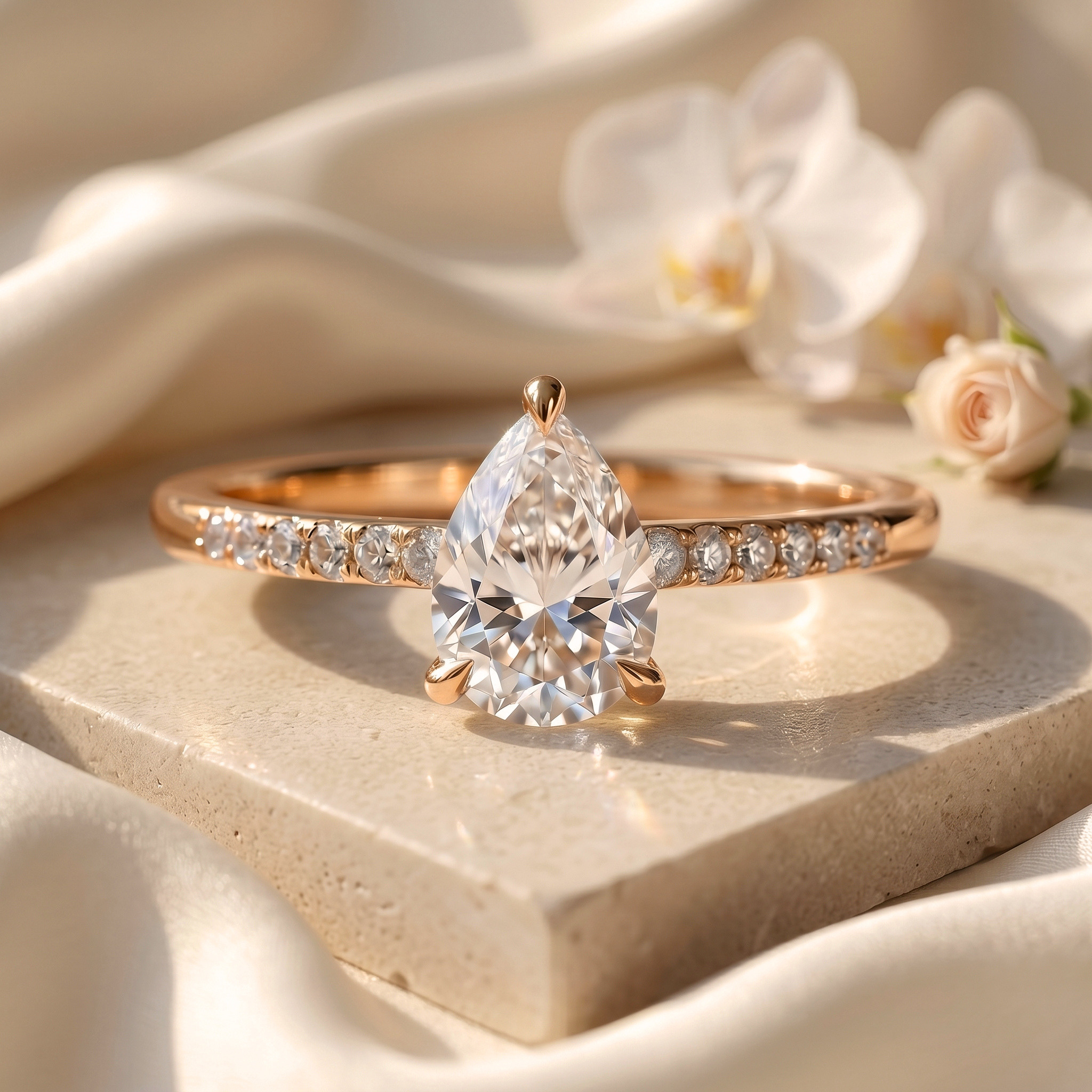 A rose gold pear-shaped moissanite engagement ring with a pave band presented on a beige stone tile.