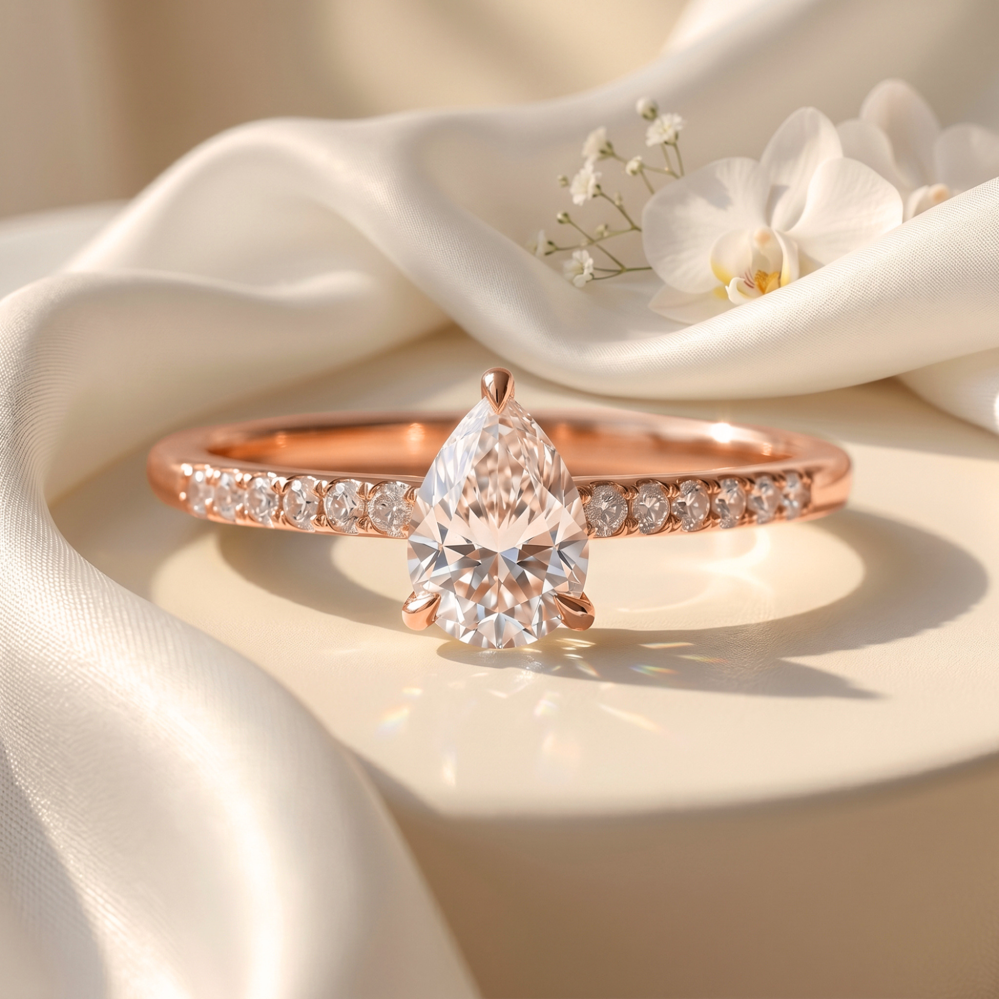 A stunning pear-cut moissanite engagement ring in rose gold on luxurious white satin.