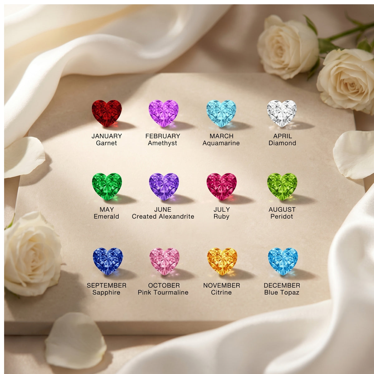 Chart of twelve heart-cut birthstones for custom jewelry selection from January to December.