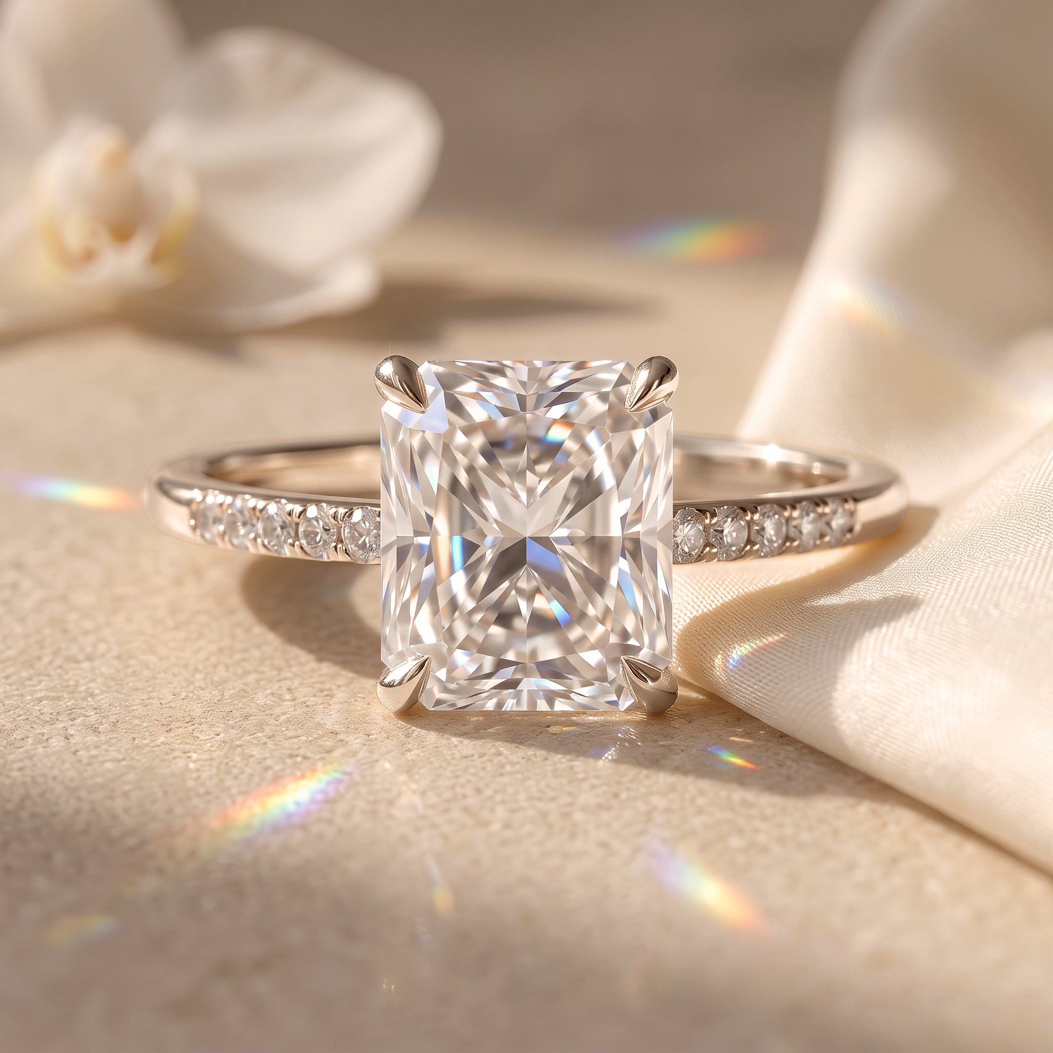 A brilliant radiant cut moissanite engagement ring in white gold with a pavé band.