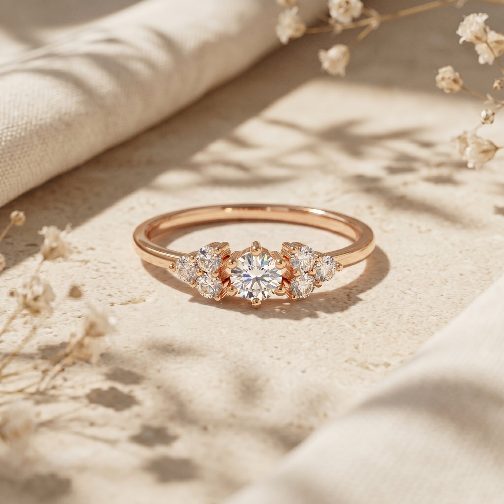 Rose gold Aurestria moissanite ring with a 1-carat round center stone and side clusters on a neutral stone surface.