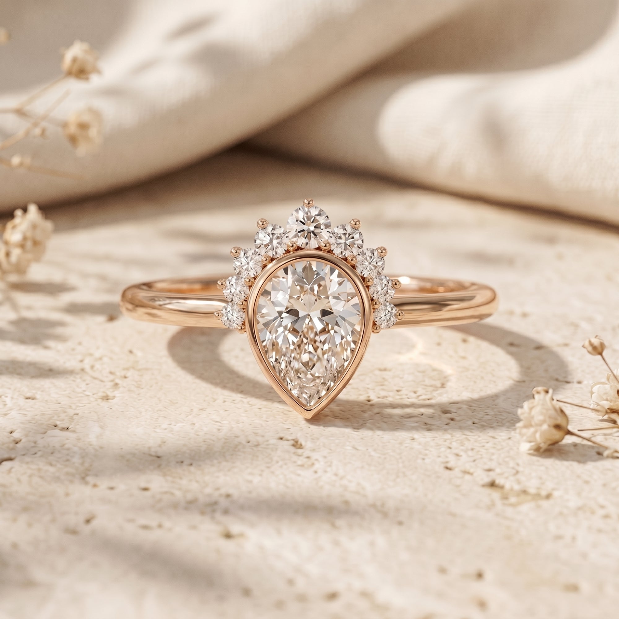 Rose gold pear-cut moissanite ring with a crown-like halo on a textured surface.