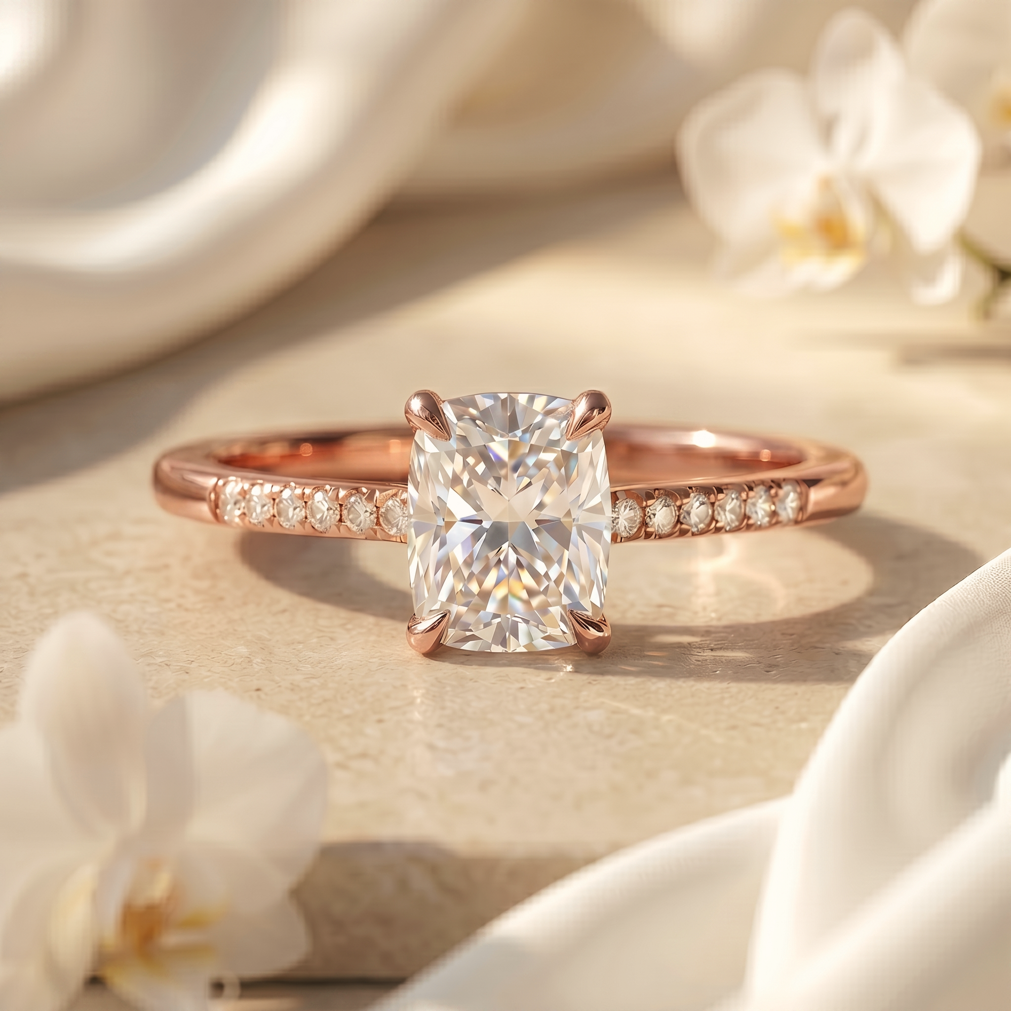 A cushion-cut moissanite engagement ring with a diamond pavé band in rose gold.